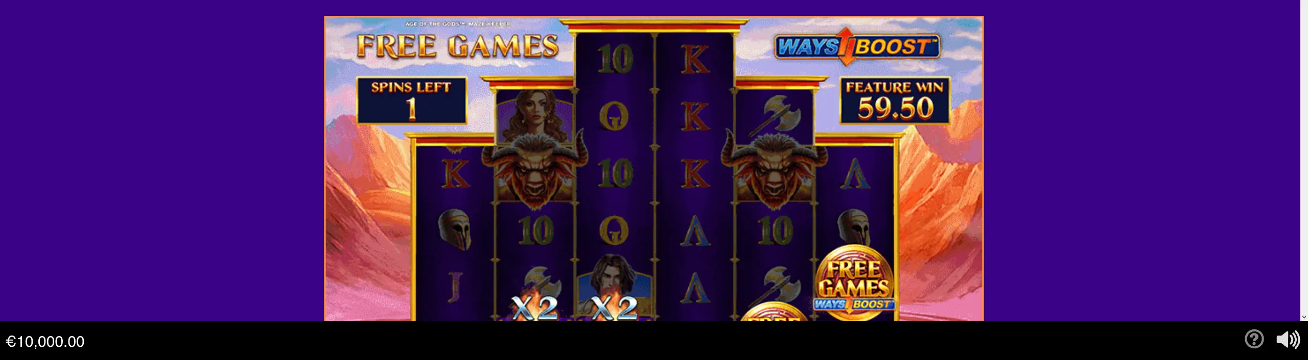 Age of the Gods Maze Keeper free games round with Greek warrior symbols, mythic characters, golden temple accents, mountain scenery, Ways Boost branding, and a feature win of 59.50.