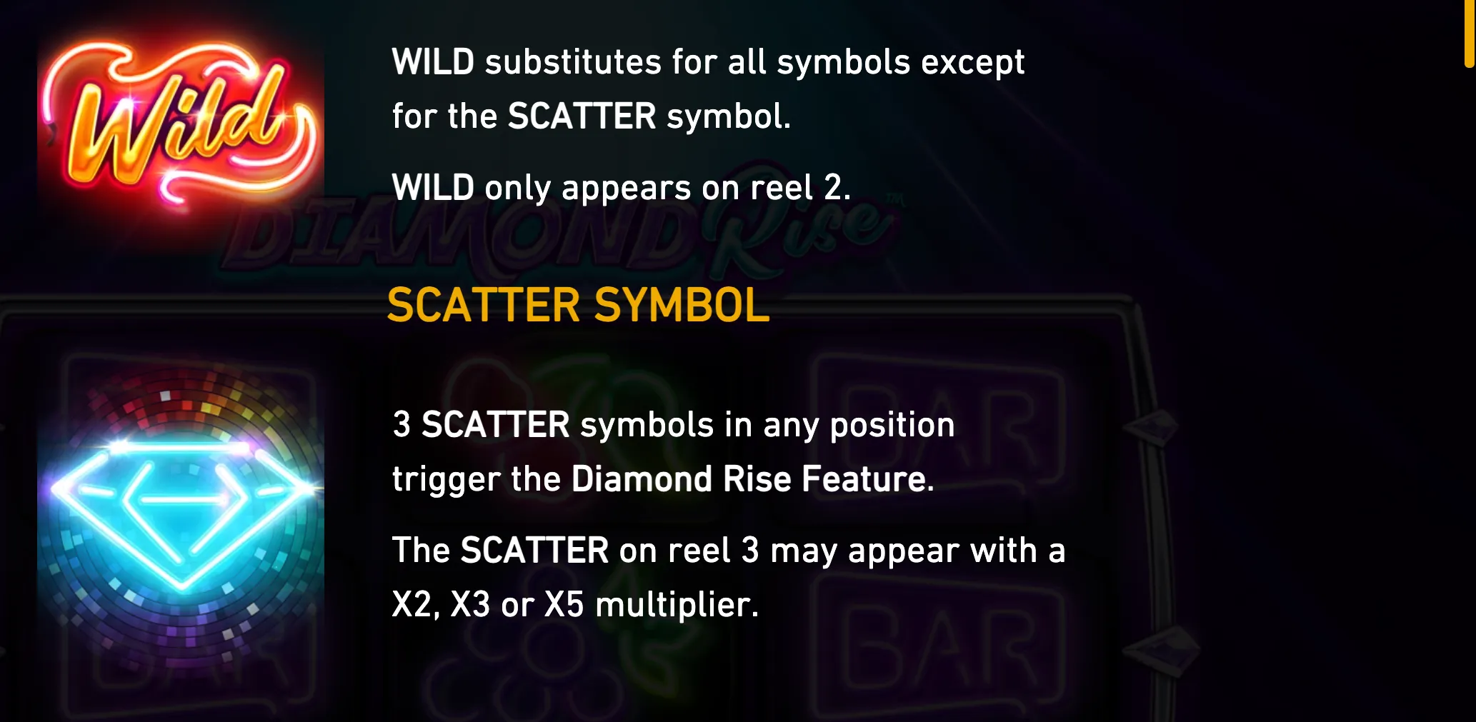 Neon Wild and glowing diamond Scatter symbols accompany instructional text about reel positions, symbol substitution, the Diamond Rise Feature, and x2, x3, or x5 multipliers.