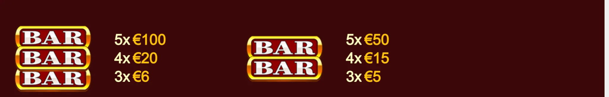 Classic Joker Rush payout table featuring stacked red-and-gold BAR symbols with euro rewards on a dark burgundy backdrop.
