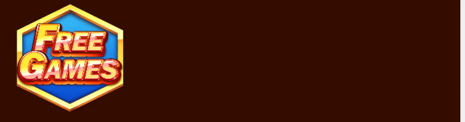A bold Free Games logo in red and gold lettering sits inside a blue hexagonal badge against a dark brown background.