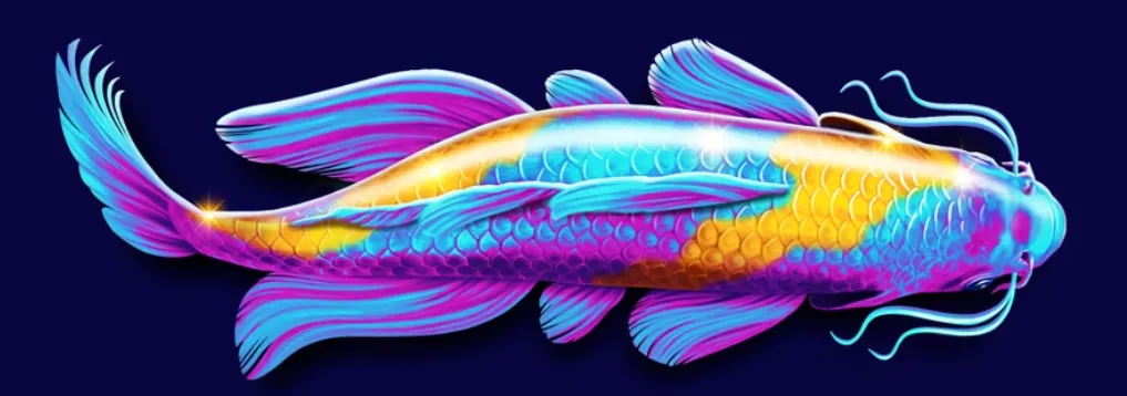 A vibrant neon koi fish with flowing fins, whiskers, and shimmering multicolored scales against a deep navy background.