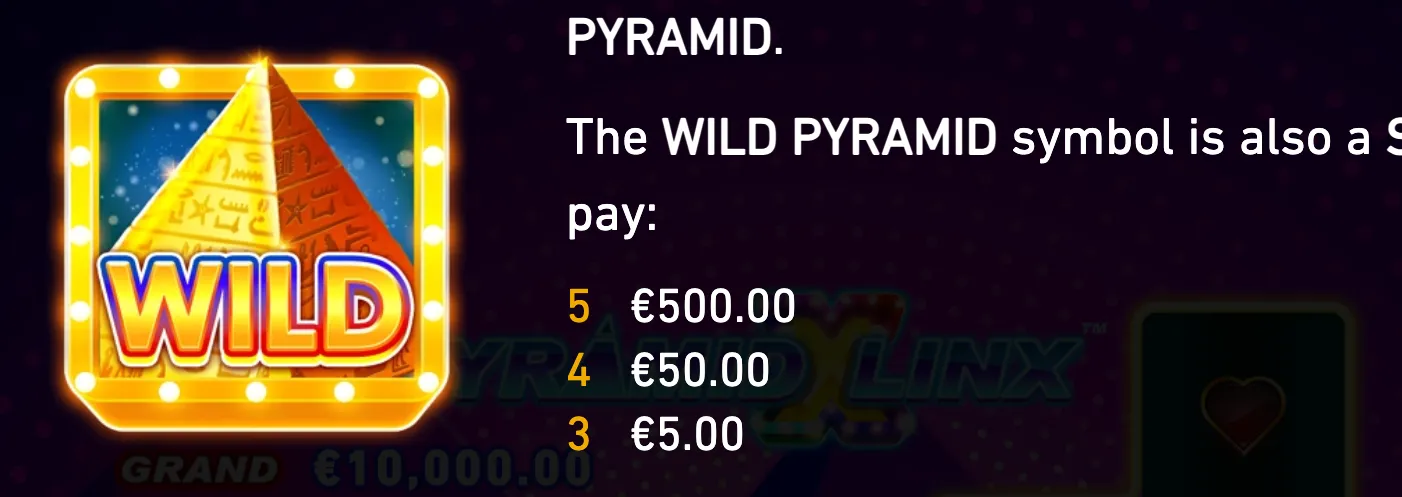 Pyramid Linx Wild Pyramid symbol featuring an Egyptian pyramid with hieroglyphs inside a glowing marquee frame, alongside payouts of €5, €50, and €500.
