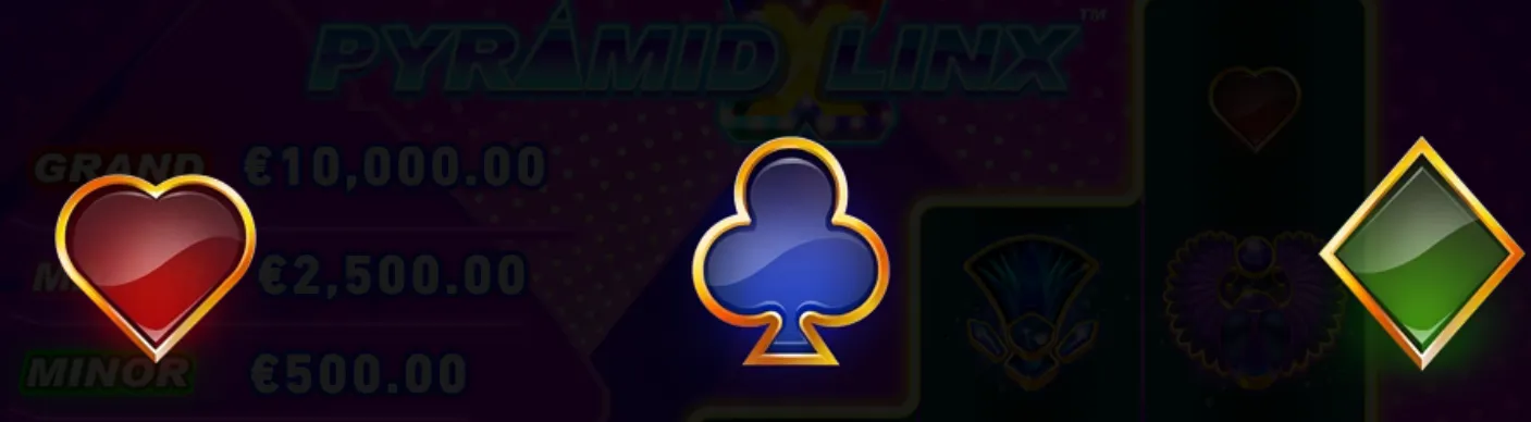 Pyramid Linx slot artwork featuring oversized heart, club and diamond symbols over a dark purple backdrop, with Grand, Major and Minor jackpot amounts.