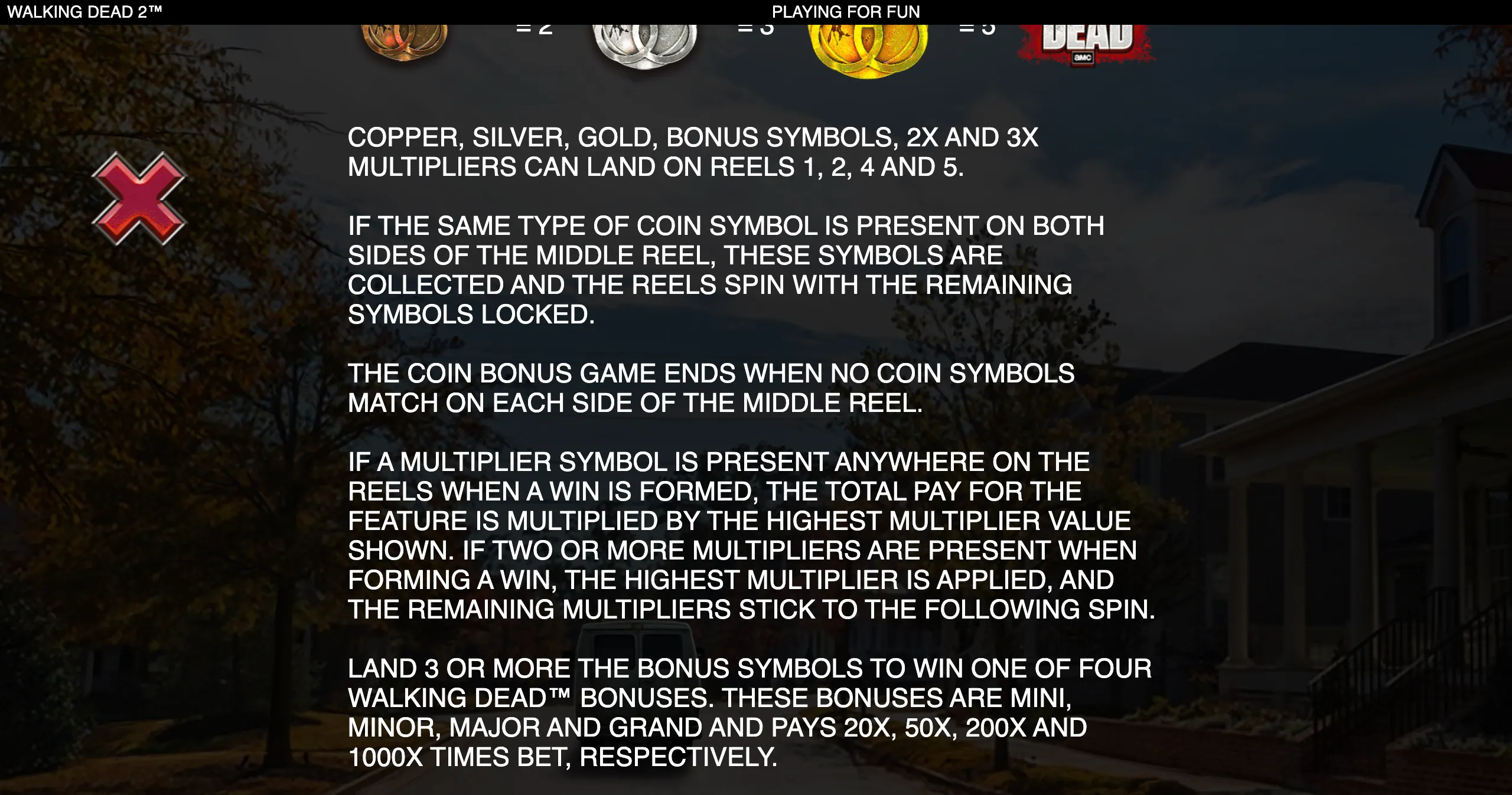 The Walking Dead 2 slot rules page with copper, silver, and gold coin symbols, bonus icons, multiplier symbols, and white instructional text over a dark abandoned suburban street.