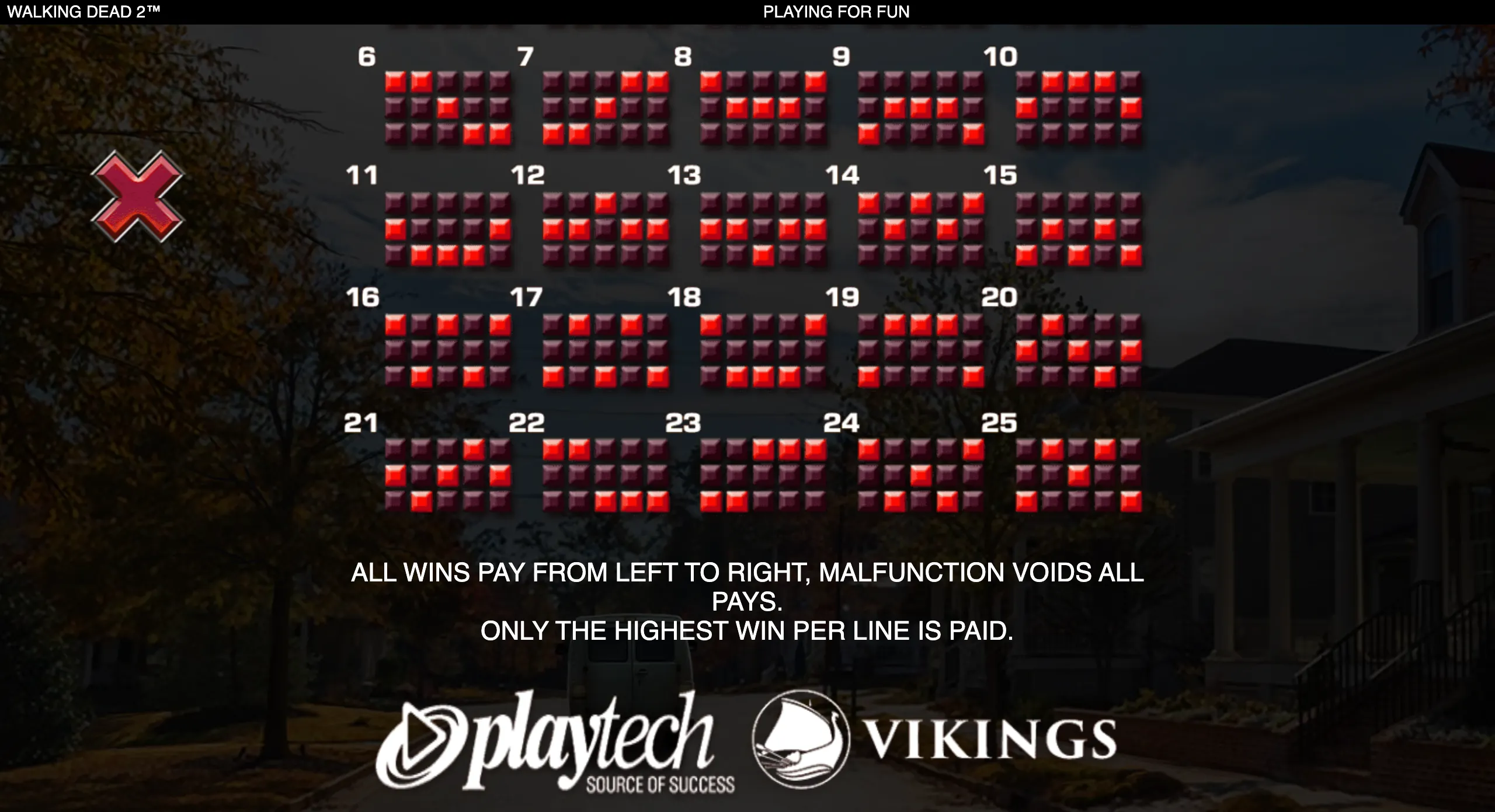 The Walking Dead 2 slot paytable displays 25 numbered three-row paylines over a dark abandoned neighborhood, with red and purple position markers and a large red X symbol.