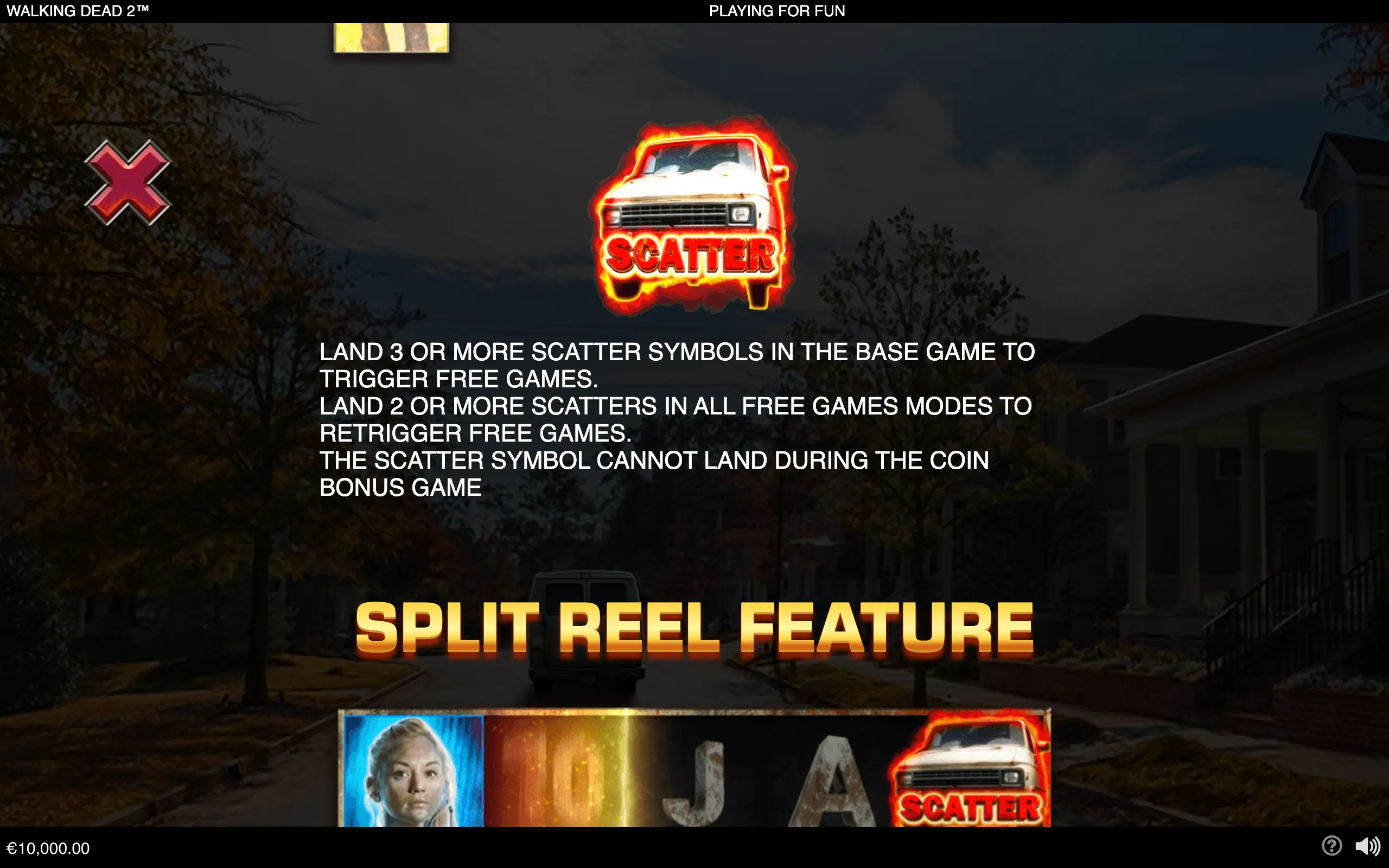 The Walking Dead 2 slot feature panel displays a glowing truck Scatter symbol over a dark abandoned neighborhood, with a character portrait and reel symbols below.