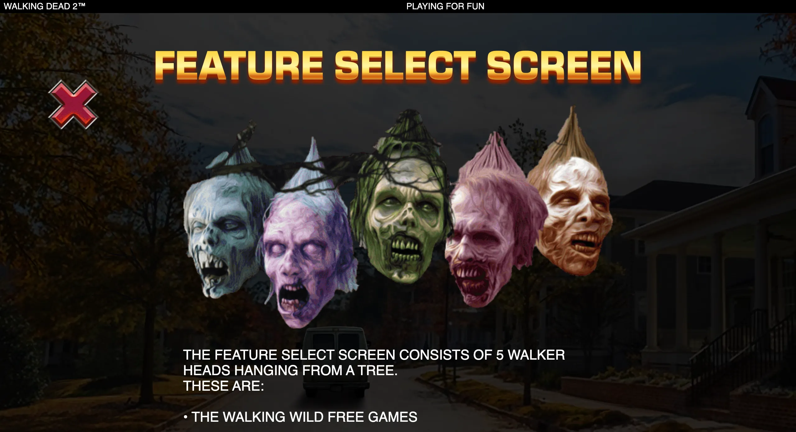The Walking Dead 2 slot feature selection displays five snarling zombie heads above a dark suburban street, with the Walking Wild Free Games option identified.