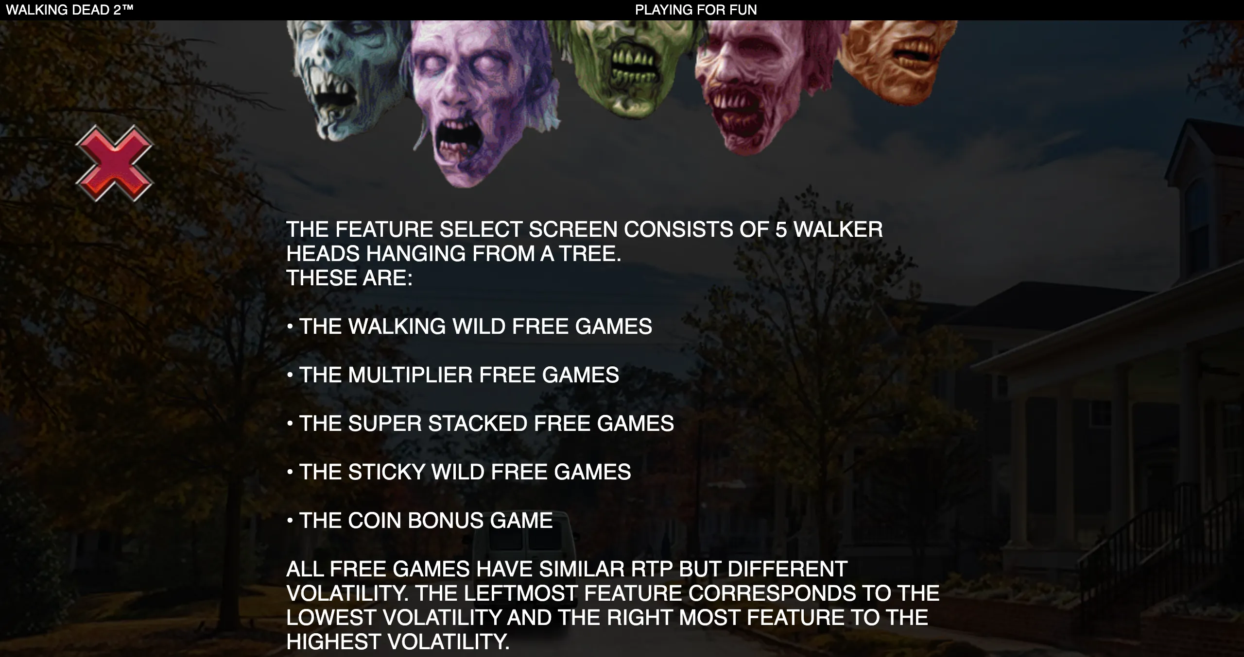 The Walking Dead 2 slot feature-selection scene with five snarling zombie heads hanging above a dark suburban street and text listing free-game and coin-bonus options.