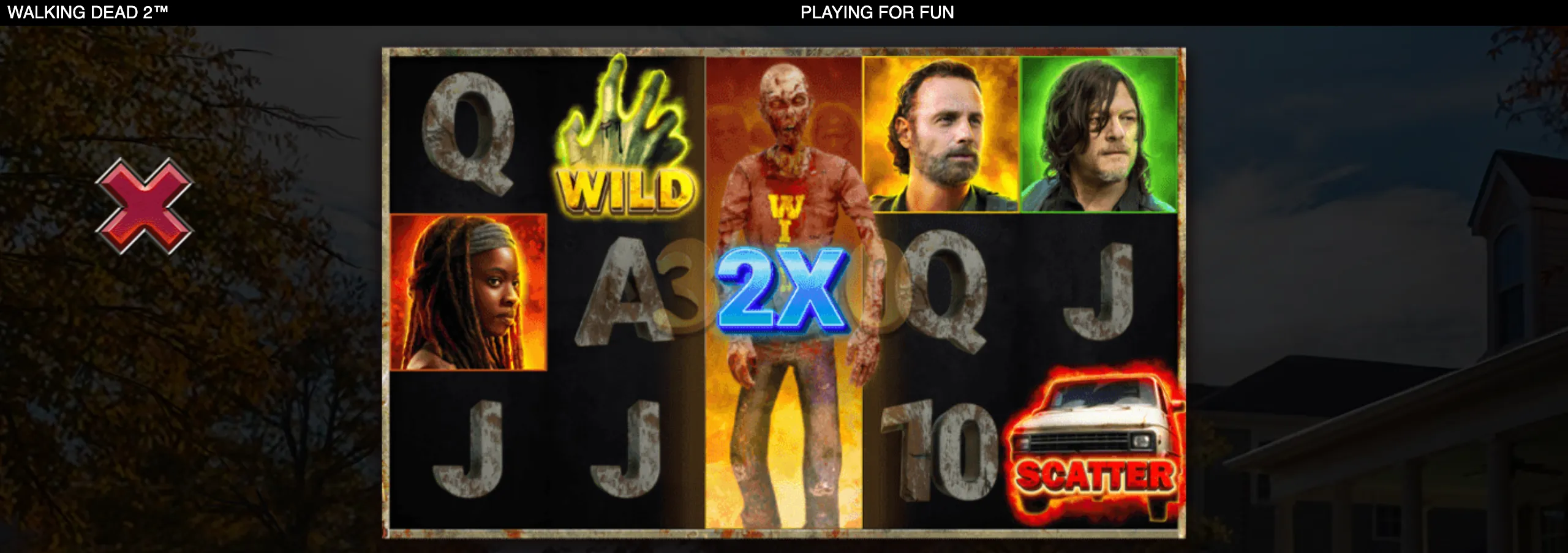 The Walking Dead 2 slot reels feature zombie and survivor character symbols, a glowing 2X wild, distressed letter symbols, and a truck Scatter symbol against a dark post-apocalyptic setting.