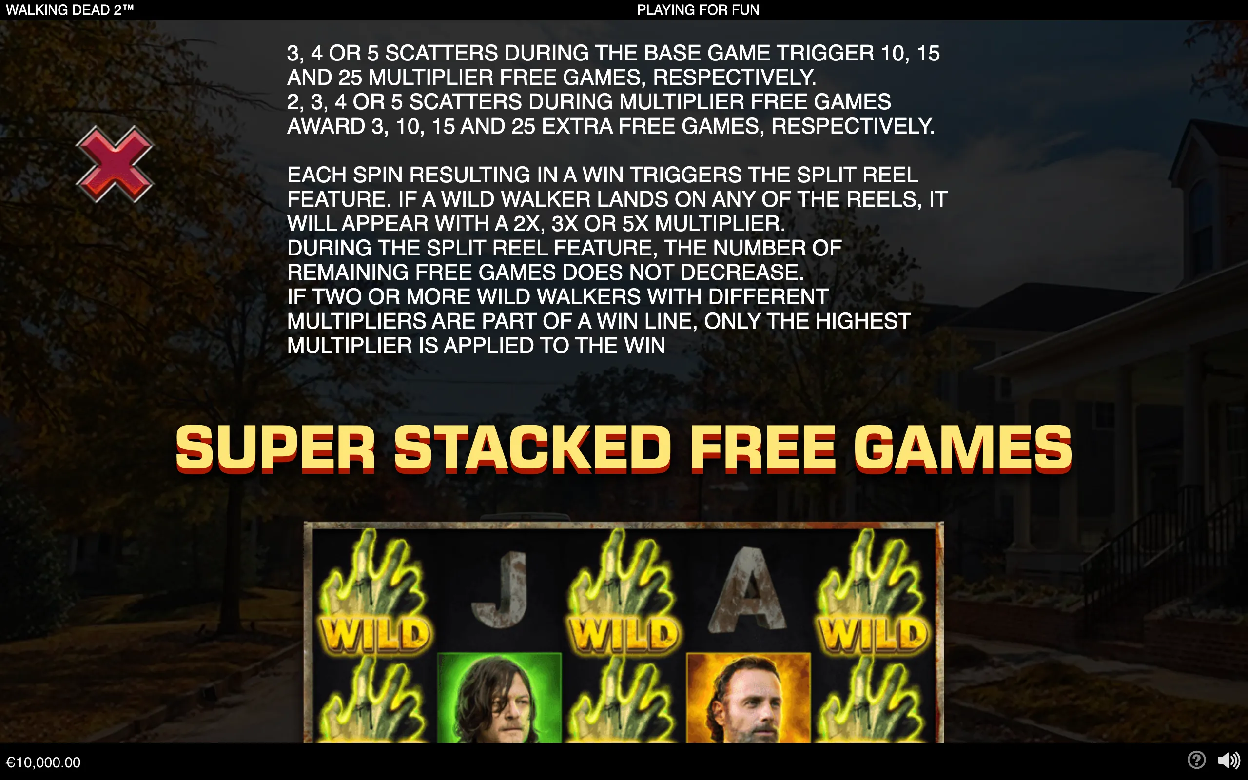 The Walking Dead 2 slot feature guide over a dark suburban zombie-apocalypse backdrop, highlighting super stacked free games, wild symbols, and character portraits.