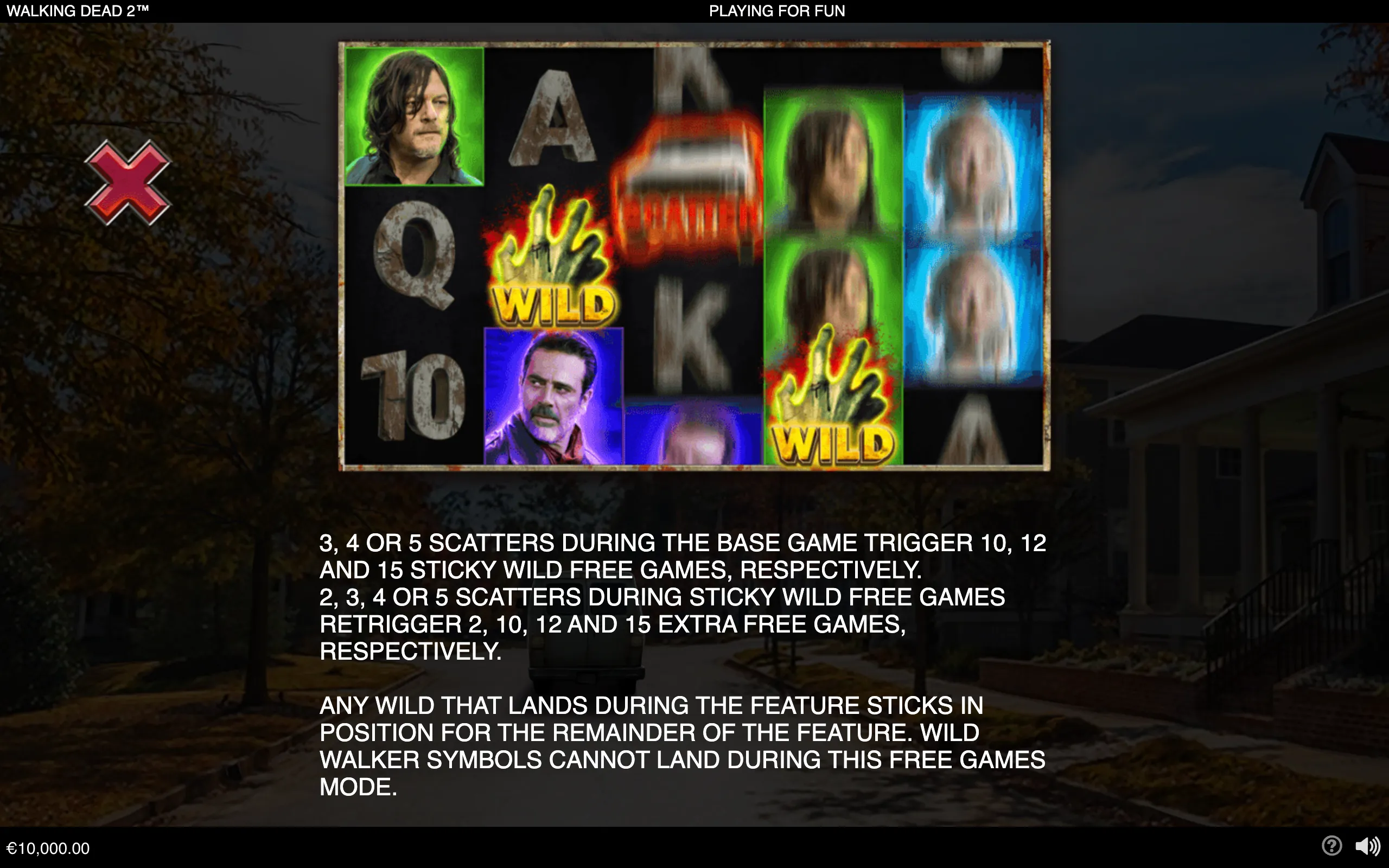 The Walking Dead 2 slot preview features character portraits, zombie imagery, letter symbols, and glowing wild symbols on reels over a dark abandoned street backdrop.