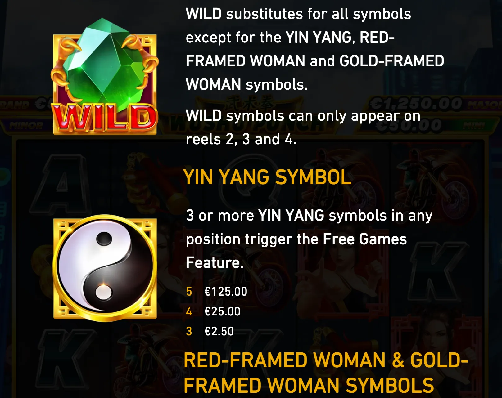 Wushu Punch slot rules display featuring a green gemstone WILD symbol, a Yin Yang symbol, martial artists, Chinese-inspired motifs, and free-games instructions.