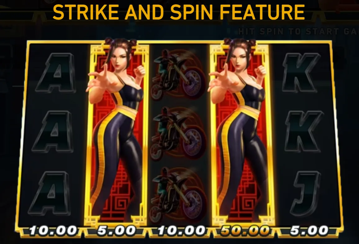 Wushu Punch slot feature screen with two female martial artists, motorcycle symbols, card letters, and numeric values beneath the reels.