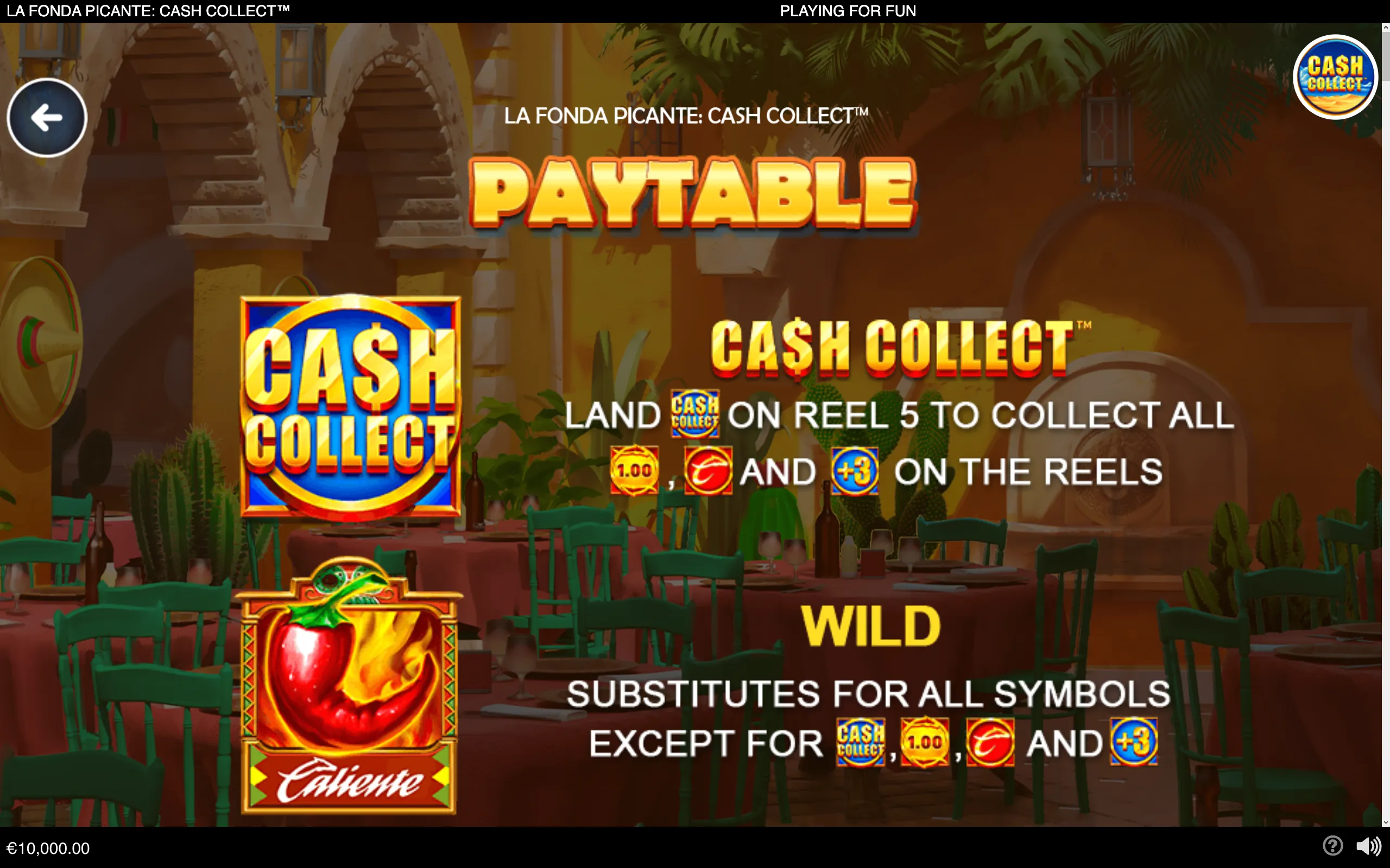 La Fonda Picante: Cash Collect slot artwork set in a colorful Mexican restaurant, featuring Cash Collect branding, a flaming Caliente Wild symbol, and illustrated collection instructions.