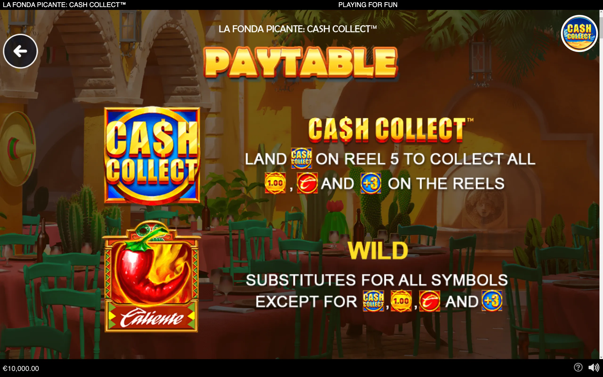 La Fonda Picante: Cash Collect slot rules panel with a colorful Mexican cantina backdrop, Cash Collect logo, collectible symbols, and a fiery chili pepper wild.