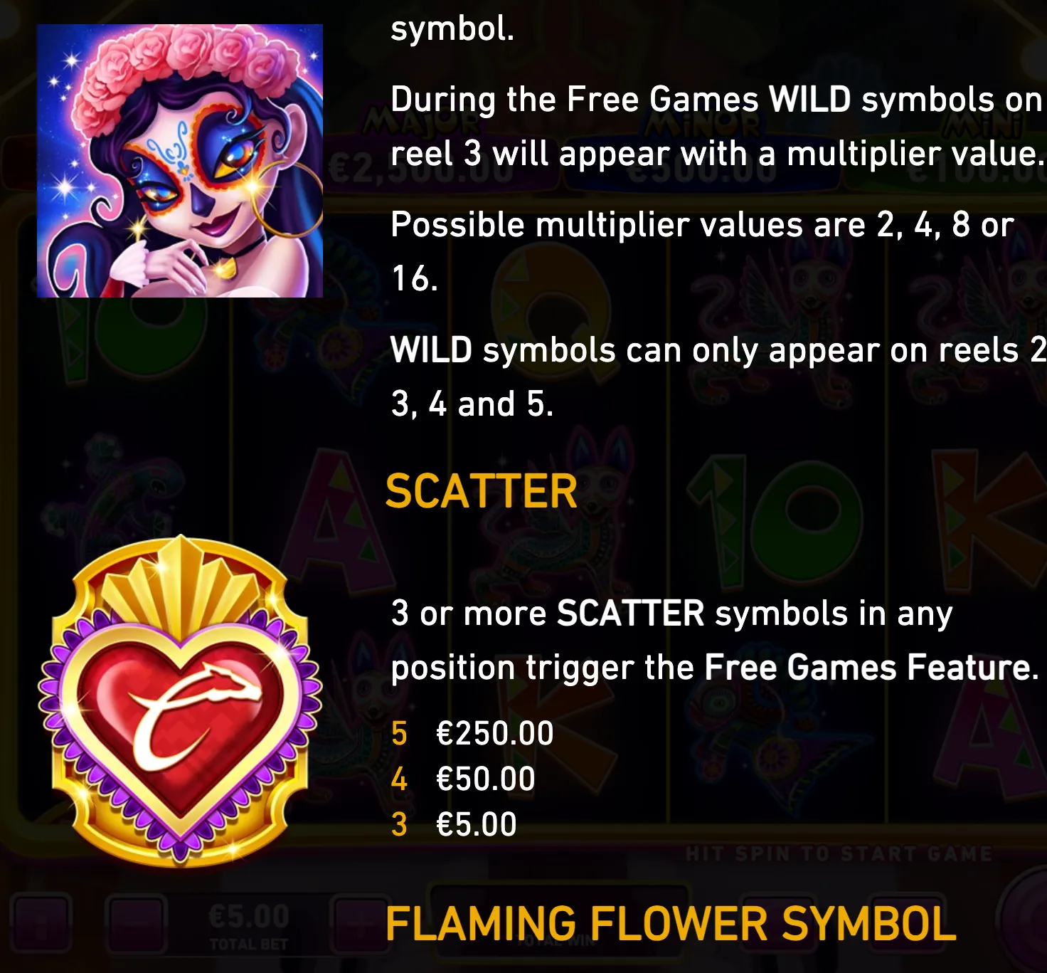 Fire Blaze Fiesta Mistica rules artwork featuring a flower-crowned masked woman, colorful reel symbols, Wild multiplier text, Scatter payouts, and a flaming heart-shaped flower symbol.