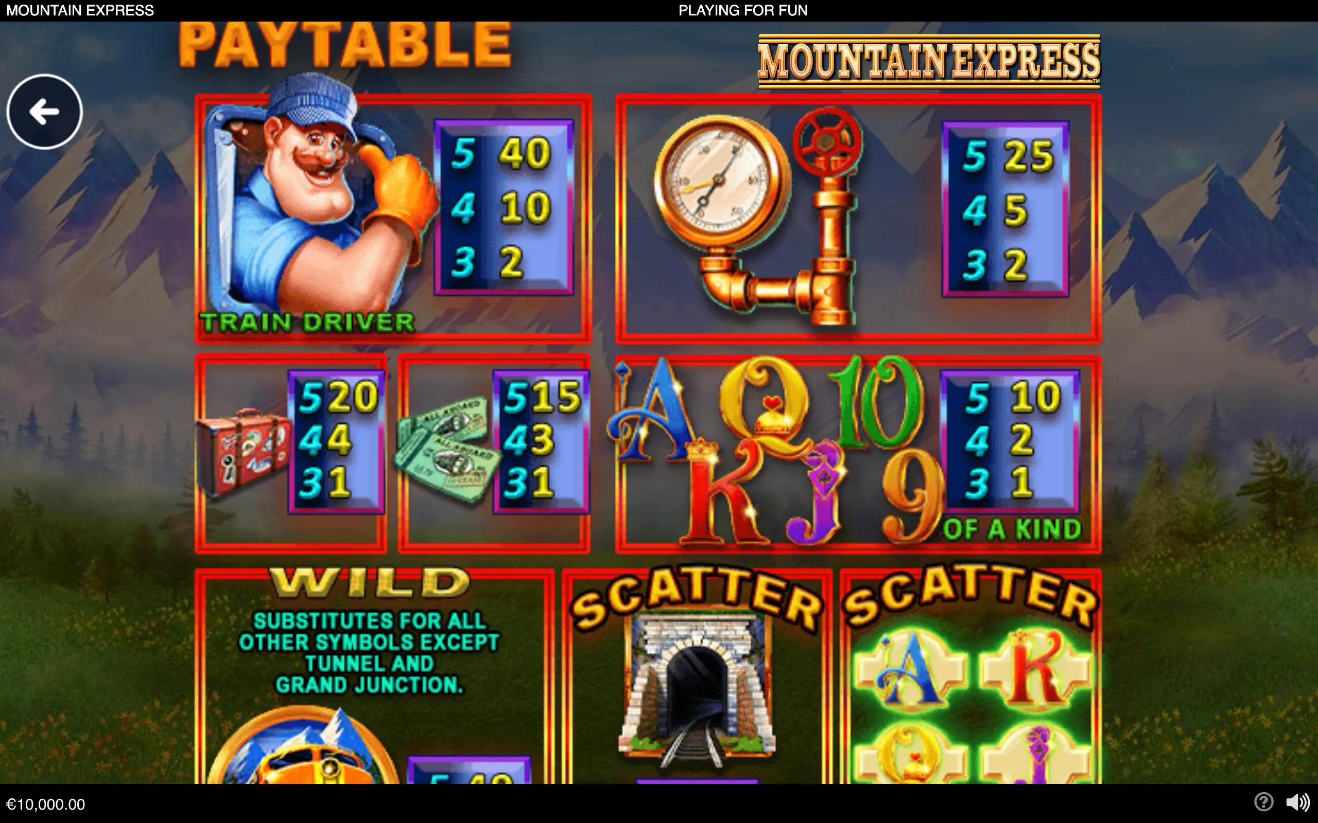 Mountain Express slot paytable featuring a train driver, railway controls, luggage, cash, colorful playing-card symbols, a wild train symbol, and scatter symbols against a mountain landscape.