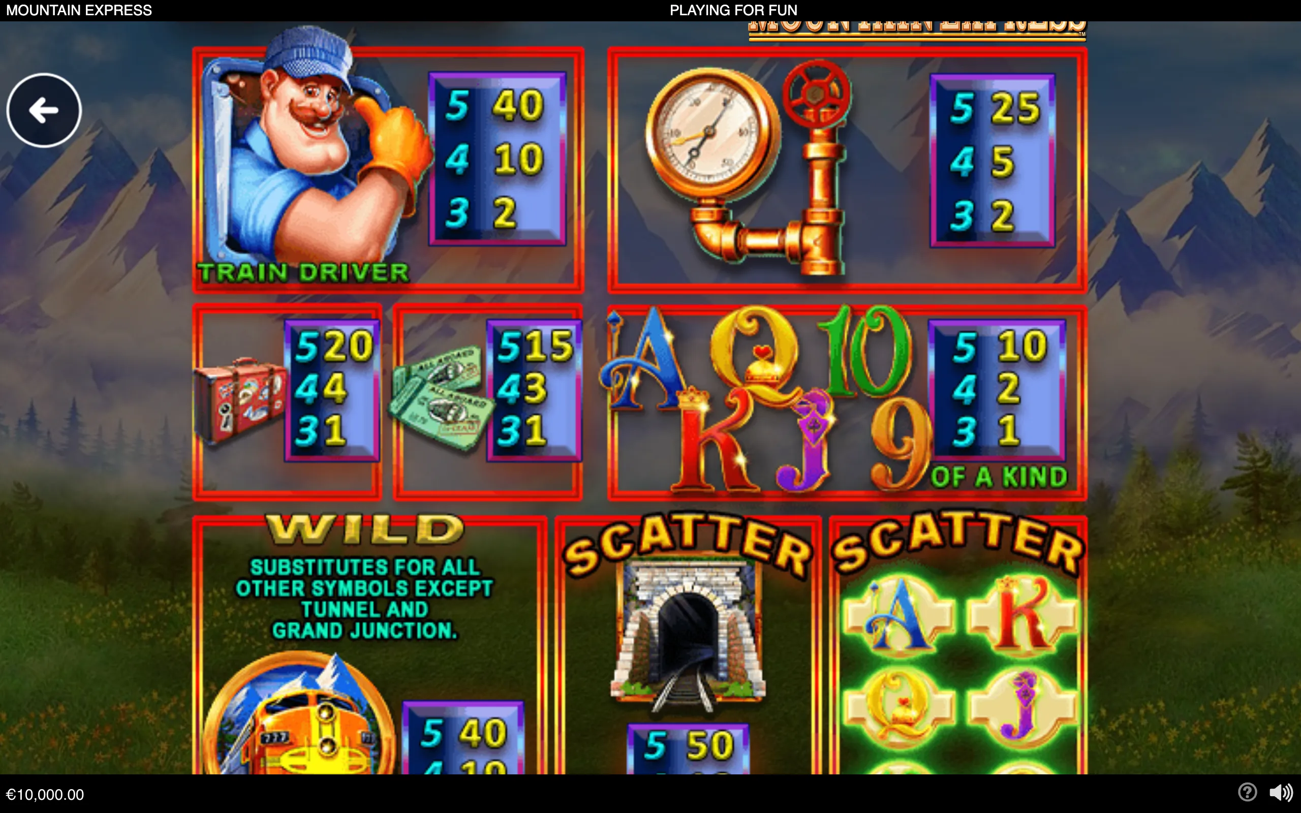 Mountain Express slot game paytable featuring a smiling train driver, railway gauge, luggage, cash, ornate card symbols, mountain scenery, and wild and scatter symbols.