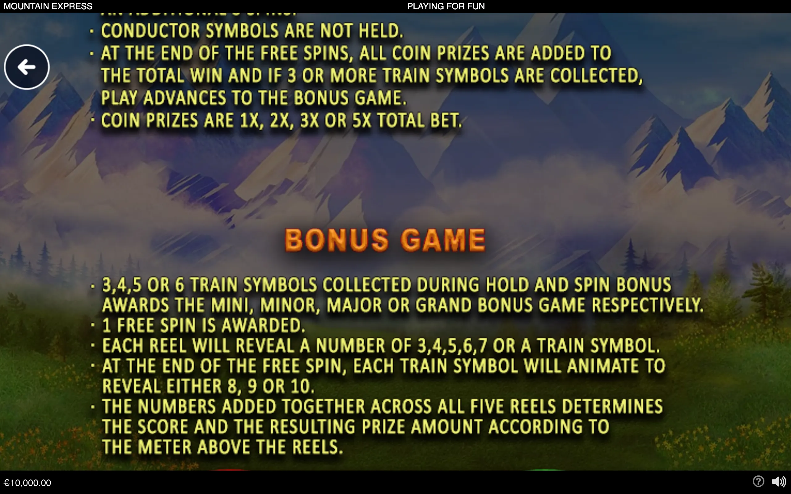 Mountain Express bonus-game rules over a misty alpine landscape, detailing train symbols, free spins, coin prizes, and Mini through Grand bonus tiers.
