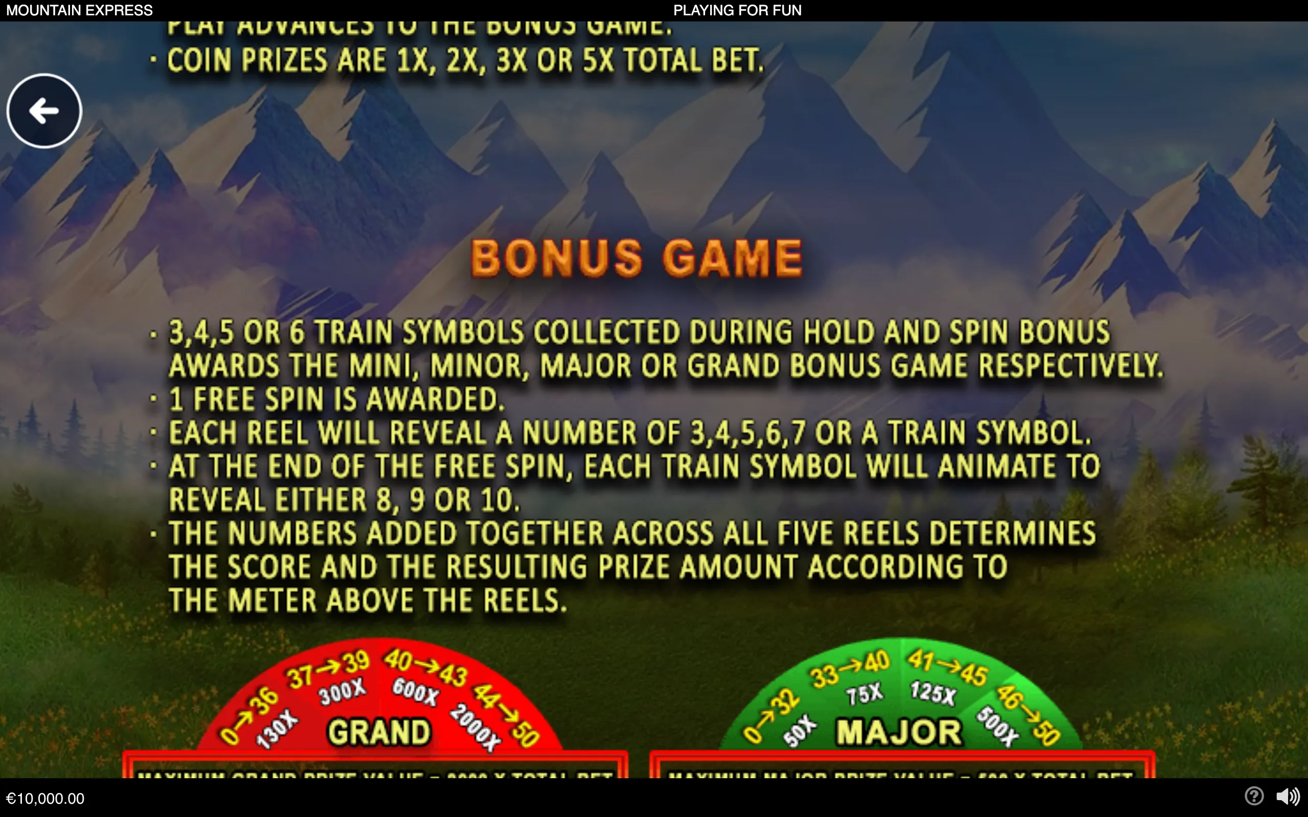 Mountain Express bonus-game rules over a misty alpine landscape, featuring train symbols, free spins, prize multipliers, and Mini, Minor, Major, and Grand jackpot tiers.