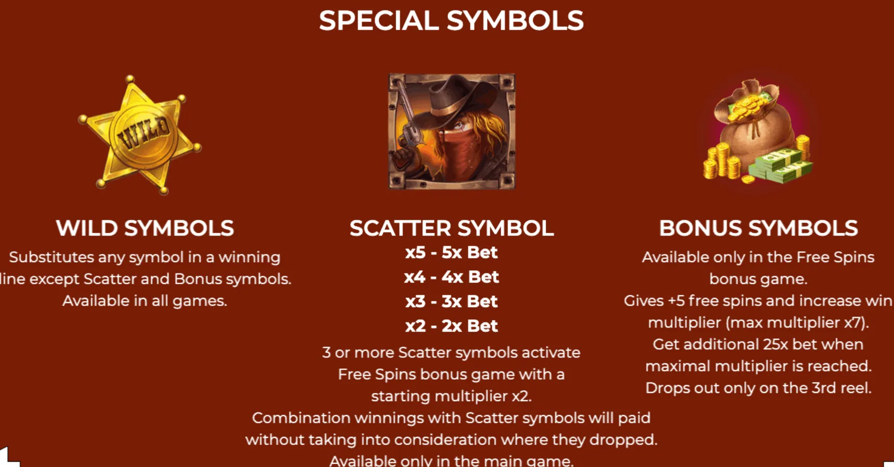 Special symbols in Western Riches slot game include a golden sheriff badge Wild, a masked outlaw Scatter, and a bag of gold Bonus symbol, each with unique gameplay effects.