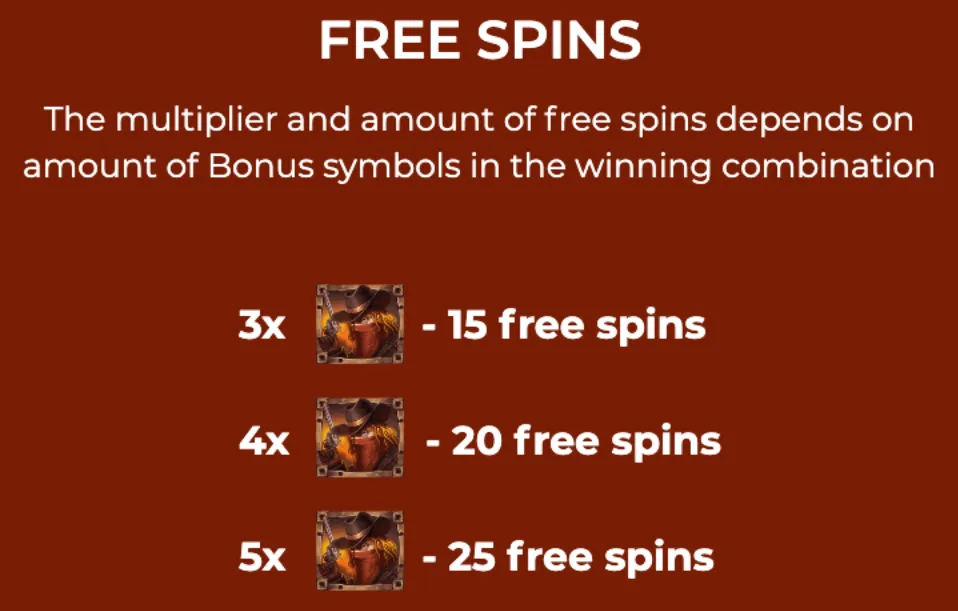 Free spins feature details for Western Riches slot game, showing the number of free spins awarded based on the count of bonus symbols in winning combinations.