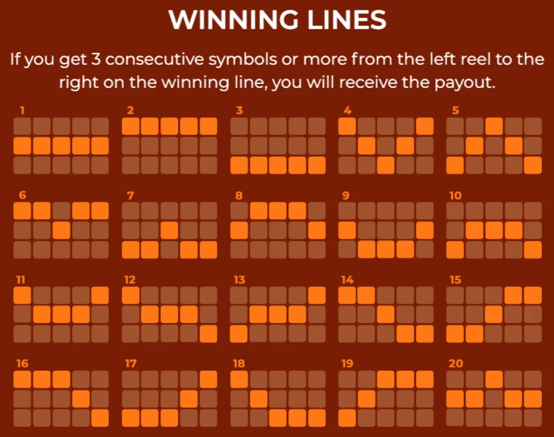 Winning lines chart for Western Riches slot game showing 20 different paylines with highlighted paths indicating winning symbol combinations from left to right.
