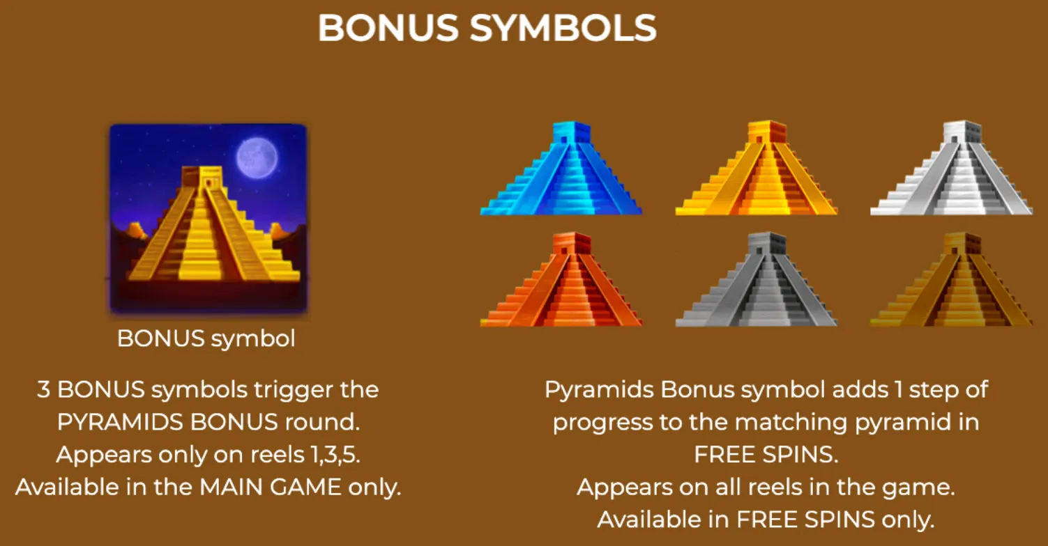 Bonus symbols in Pyramids Deluxe include a golden pyramid that triggers the bonus round and colored pyramids that advance progress in free spins.