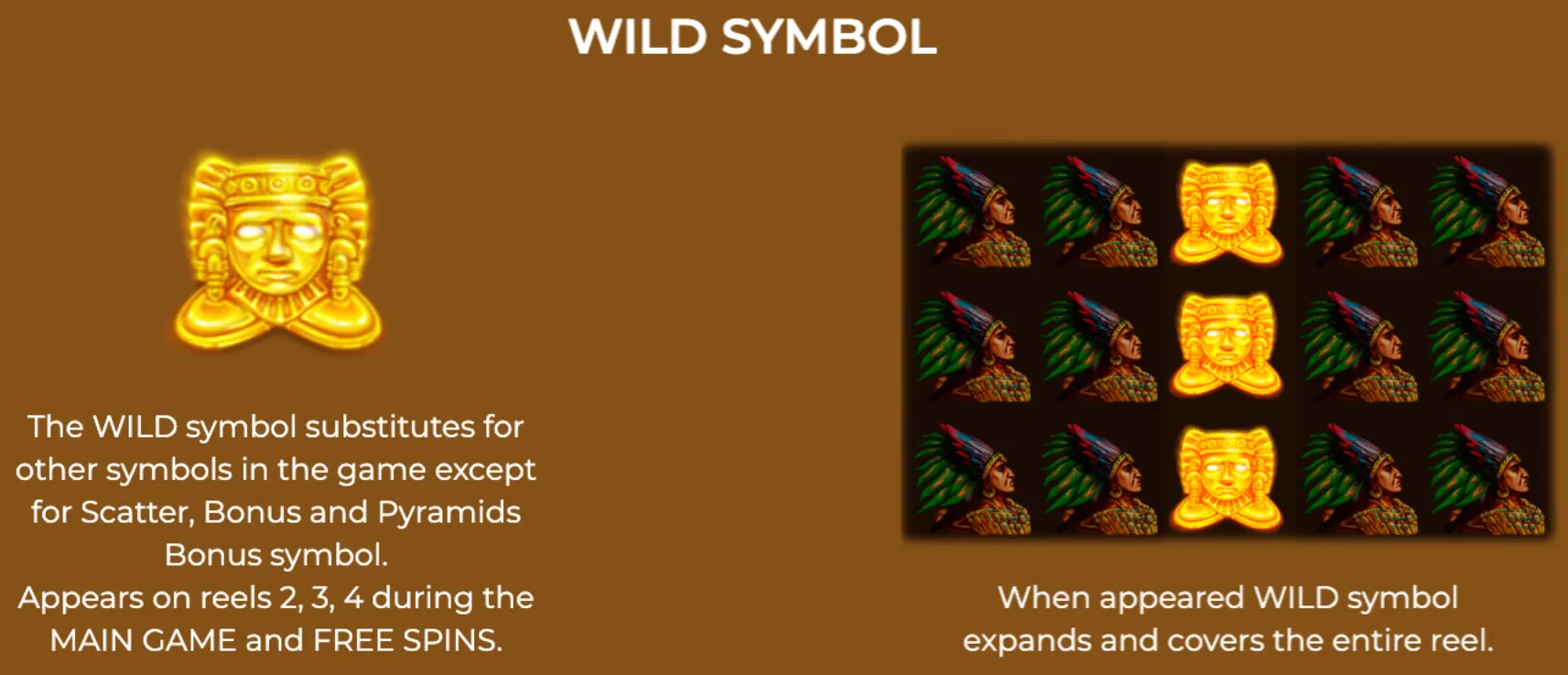Golden Wild symbol from Pyramids Deluxe slot game that substitutes for most other symbols, shown expanding to cover an entire reel on a dark game grid with Aztec-themed character symbols.