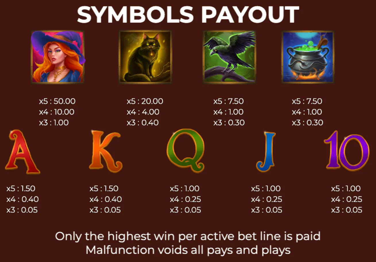 Symbols payout chart for the Book of Witches slot game featuring a witch, black cat, raven, cauldron, and playing card icons with their respective multipliers.