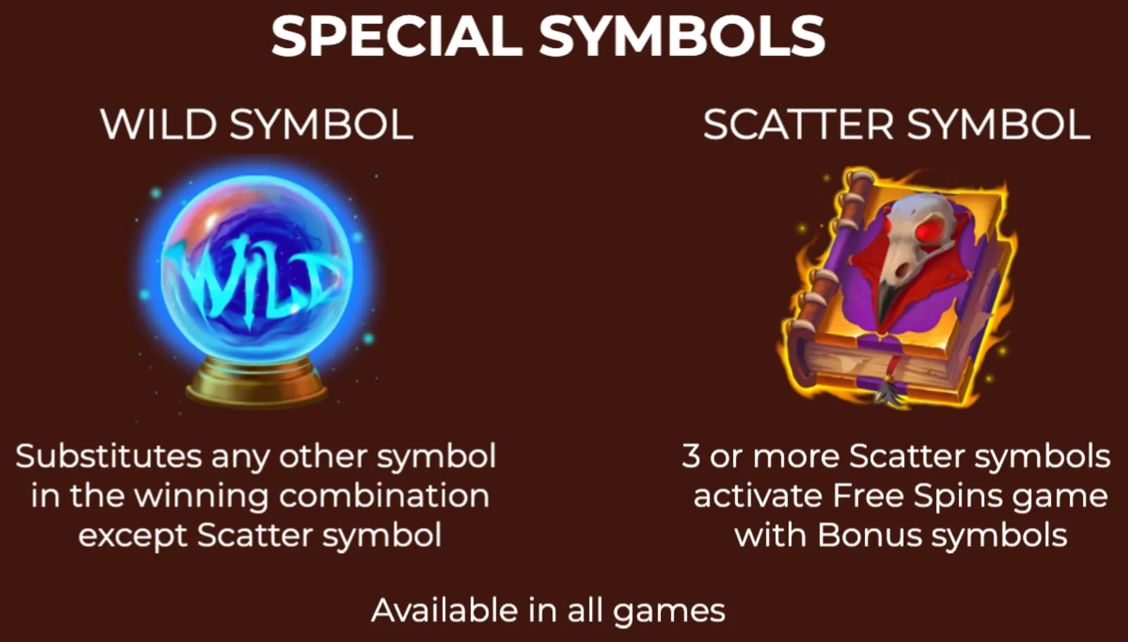 Wild symbol represented by a glowing blue crystal ball and Scatter symbol depicted as a magical book with a skull on the cover, highlighting their roles in triggering winning combinations and free spins.