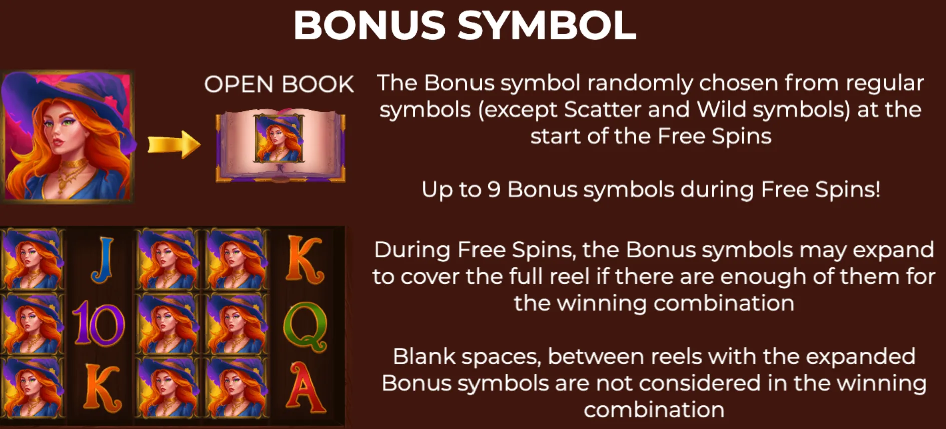 Bonus symbol mechanics in Book of Witches slot featuring a witch character symbol and an open book symbol that triggers free spins with expanding bonus symbols.