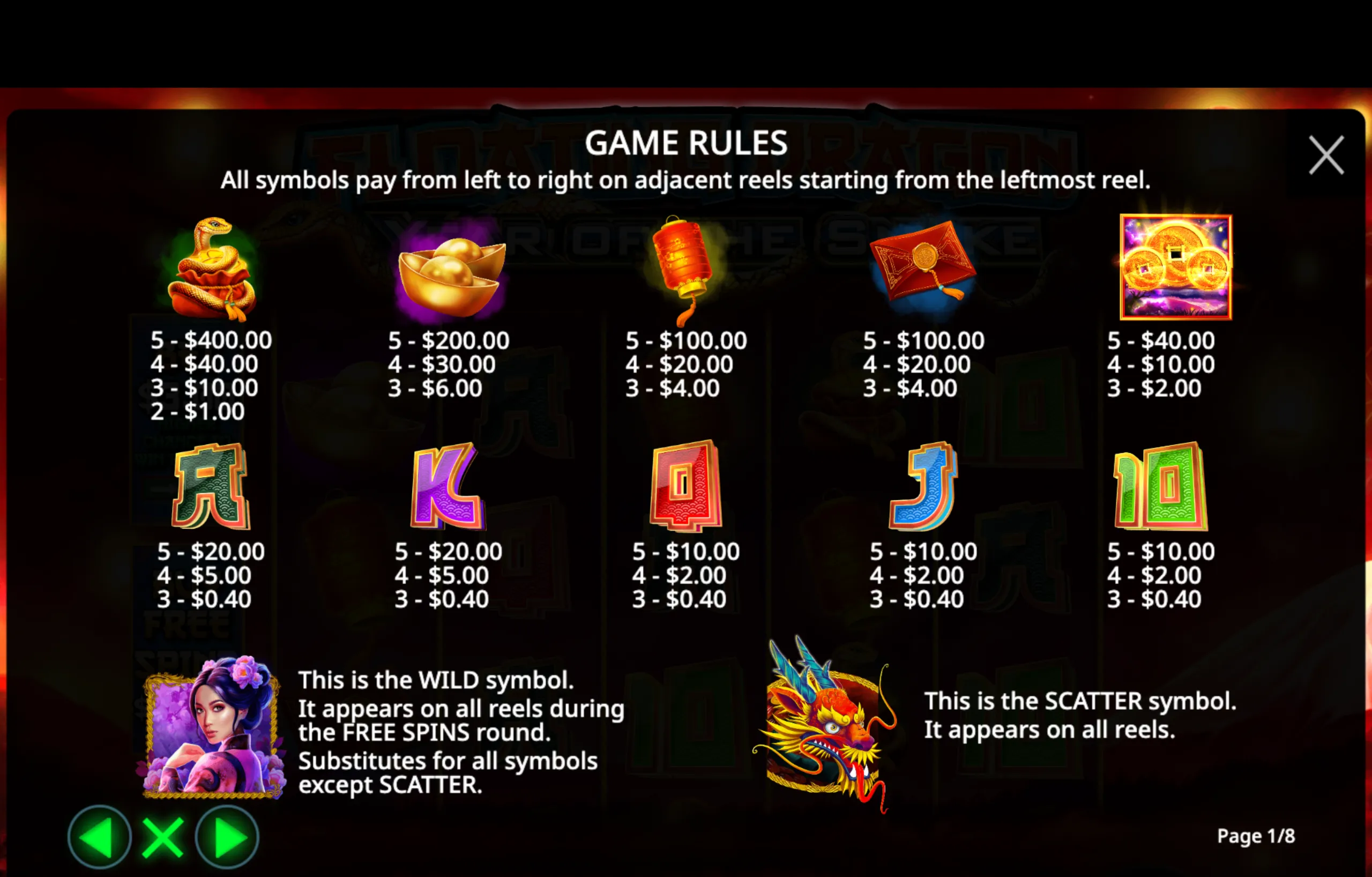 Payout table for Floating Dragon - Year of the Snake slot game showing symbol values and game rules for wild and scatter symbols.