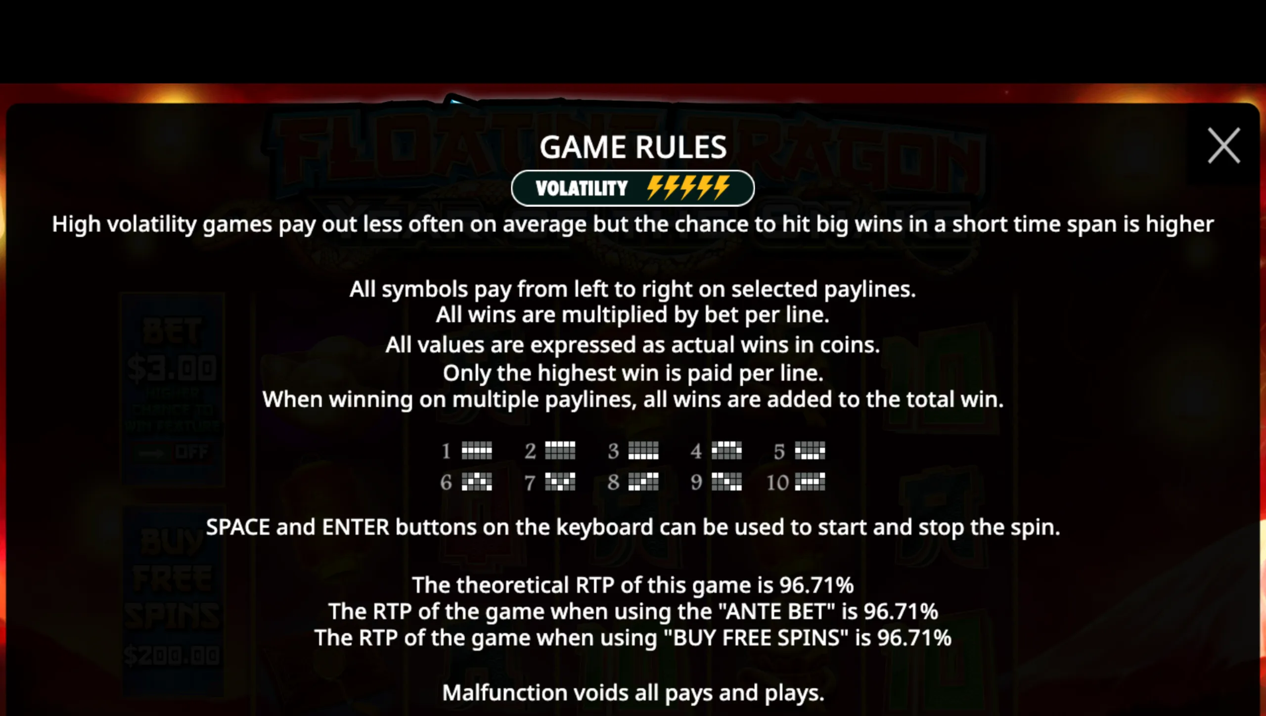Game rules for Floating Dragon - Year of the Snake slot explaining high volatility, paylines, win multipliers, RTP, and controls.