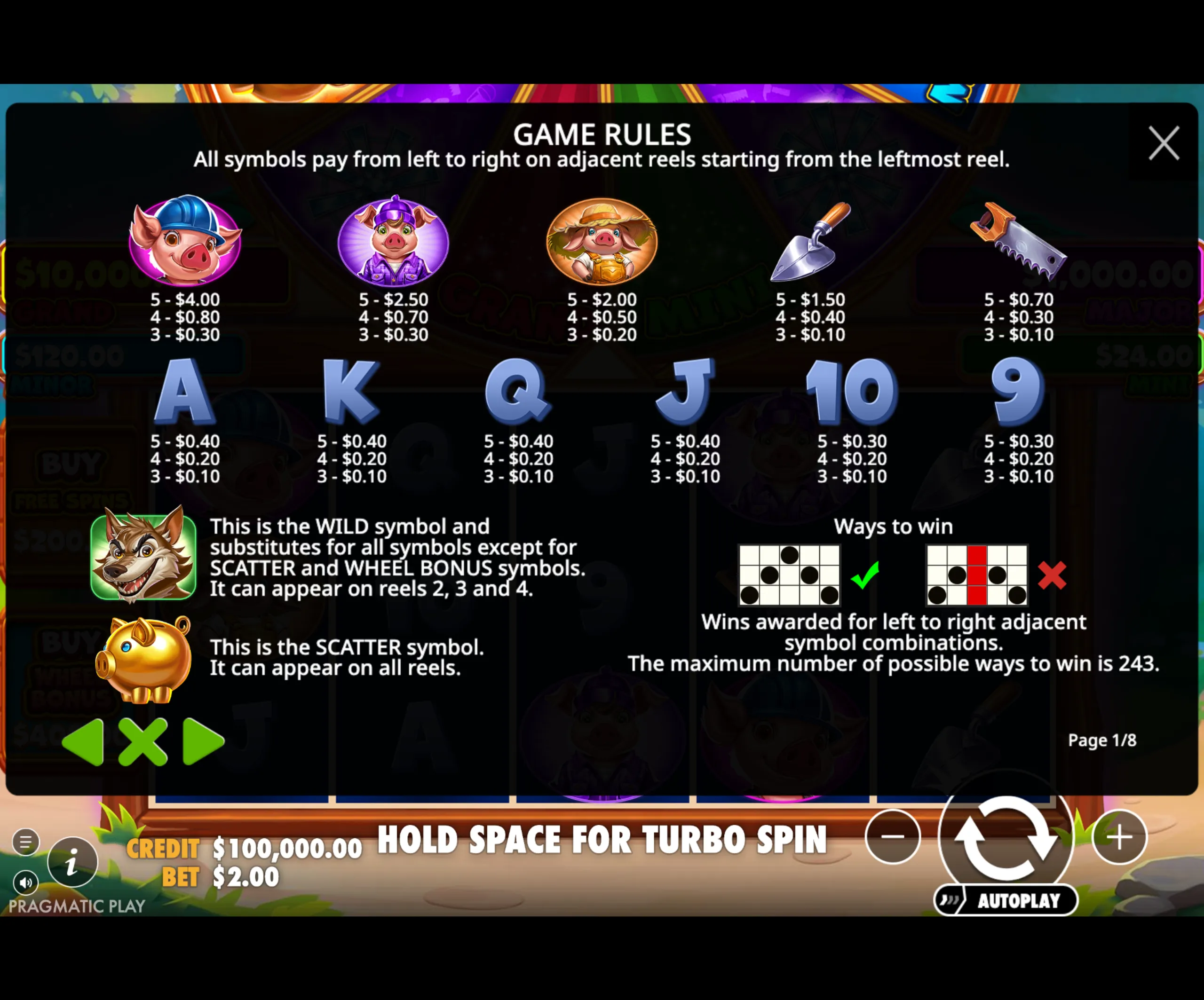 Brick House Bonanza slot game paytable and rules screen showing pig characters, tools, card symbols, and explanations of wild and scatter symbols with payout values.