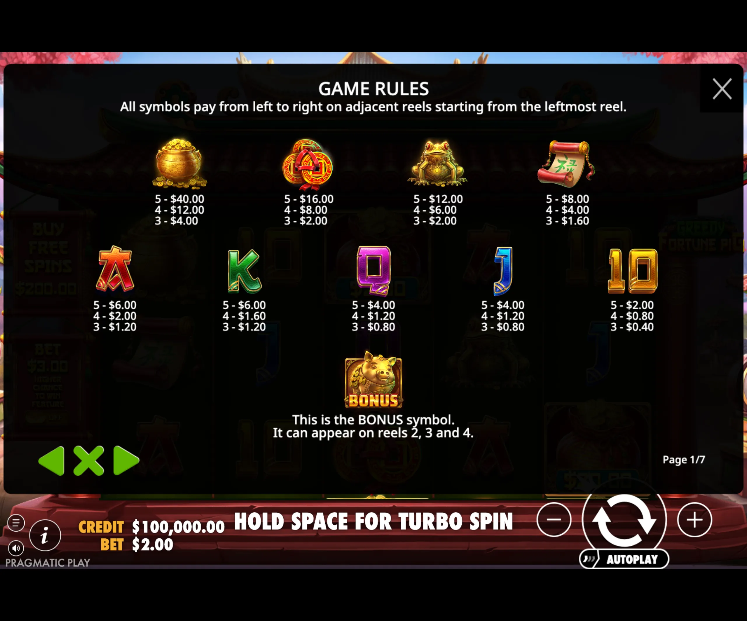 Game rules and payout values for symbols in Greedy Fortune Pig slot, including a golden pot, coins, frog, scroll, and card symbols, with a bonus pig symbol explanation.