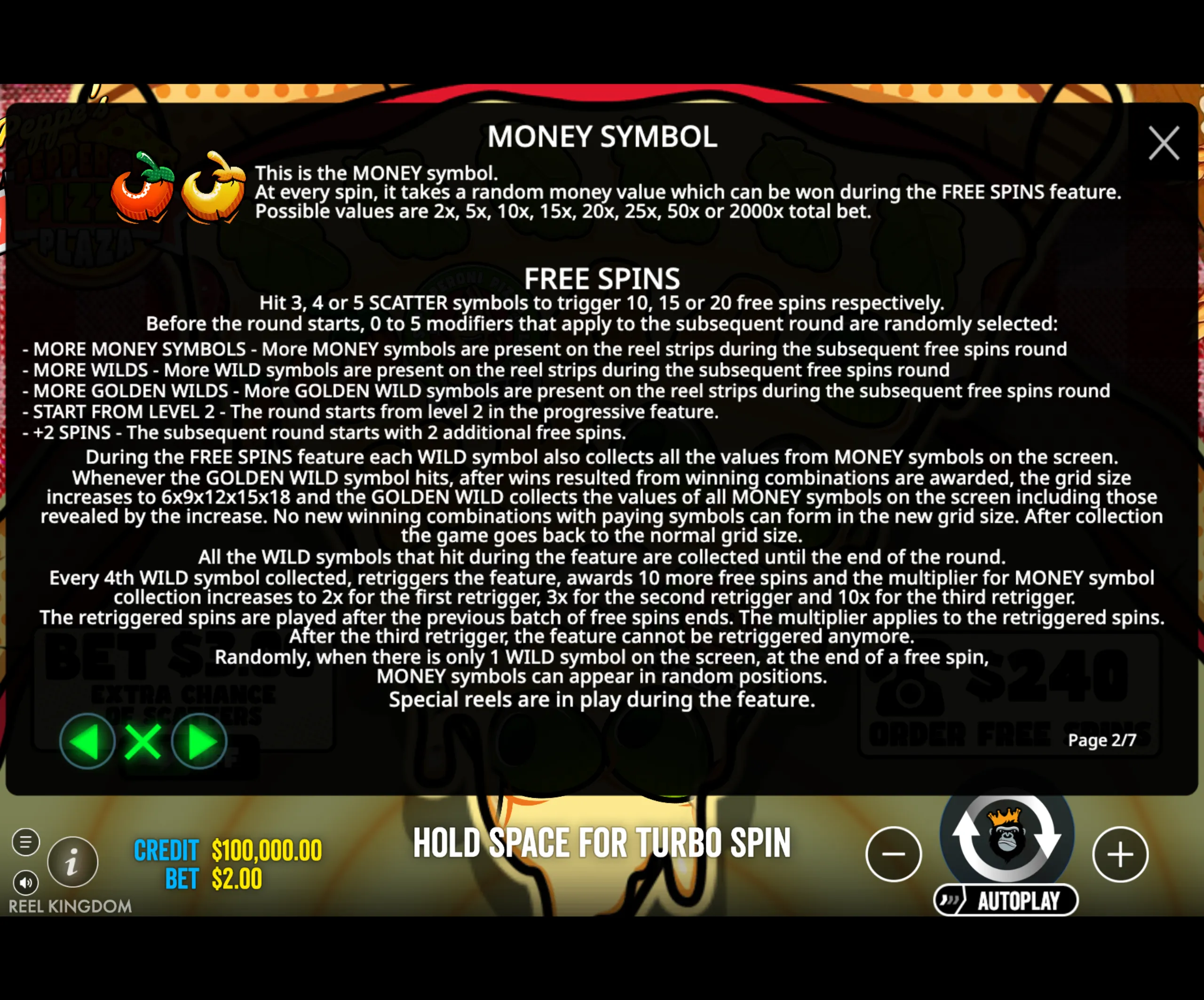 Detailed game rules text explaining the MONEY symbol values and FREE SPINS feature modifiers in Peppe's Pepperoni Pizza Plaza slot game.