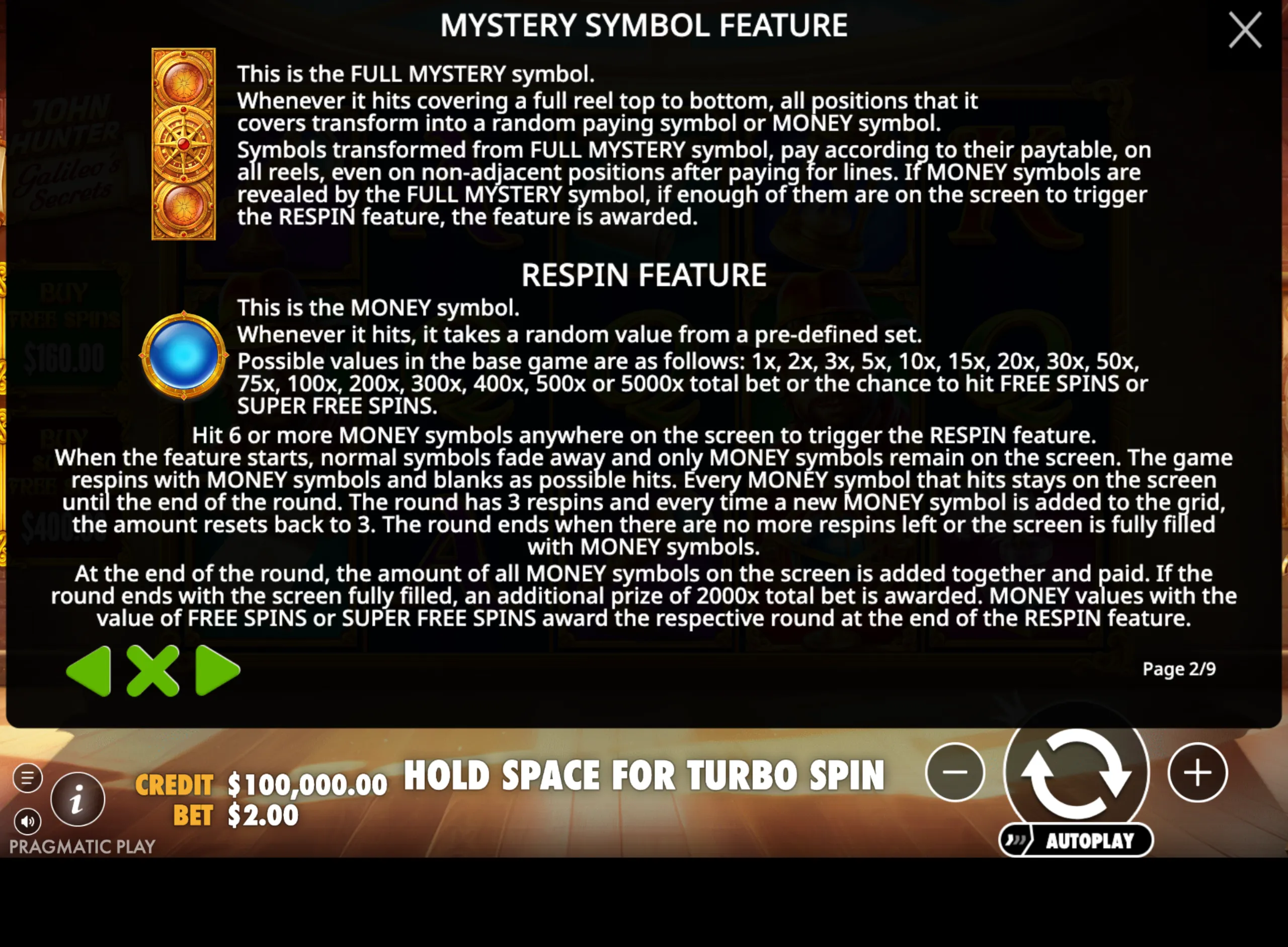 Mystery Symbol and Respin features explained with symbols and payout multipliers in John Hunter and Galileo's Secrets slot game.