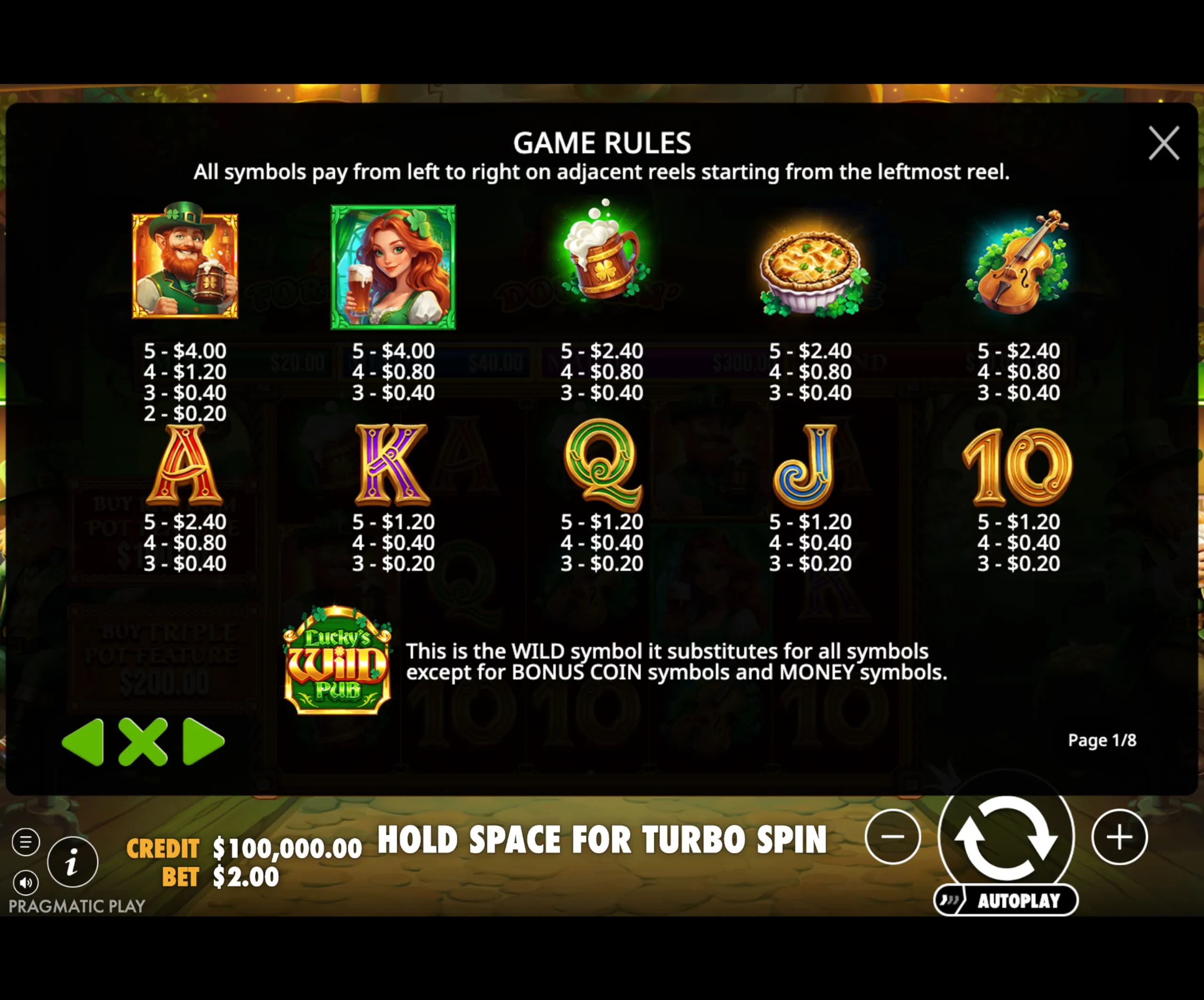 Game rules and symbol payout values for Lucky's Wild Pub slot featuring Irish-themed characters and icons such as a leprechaun, a red-haired woman, beer mug, pie, and violin.