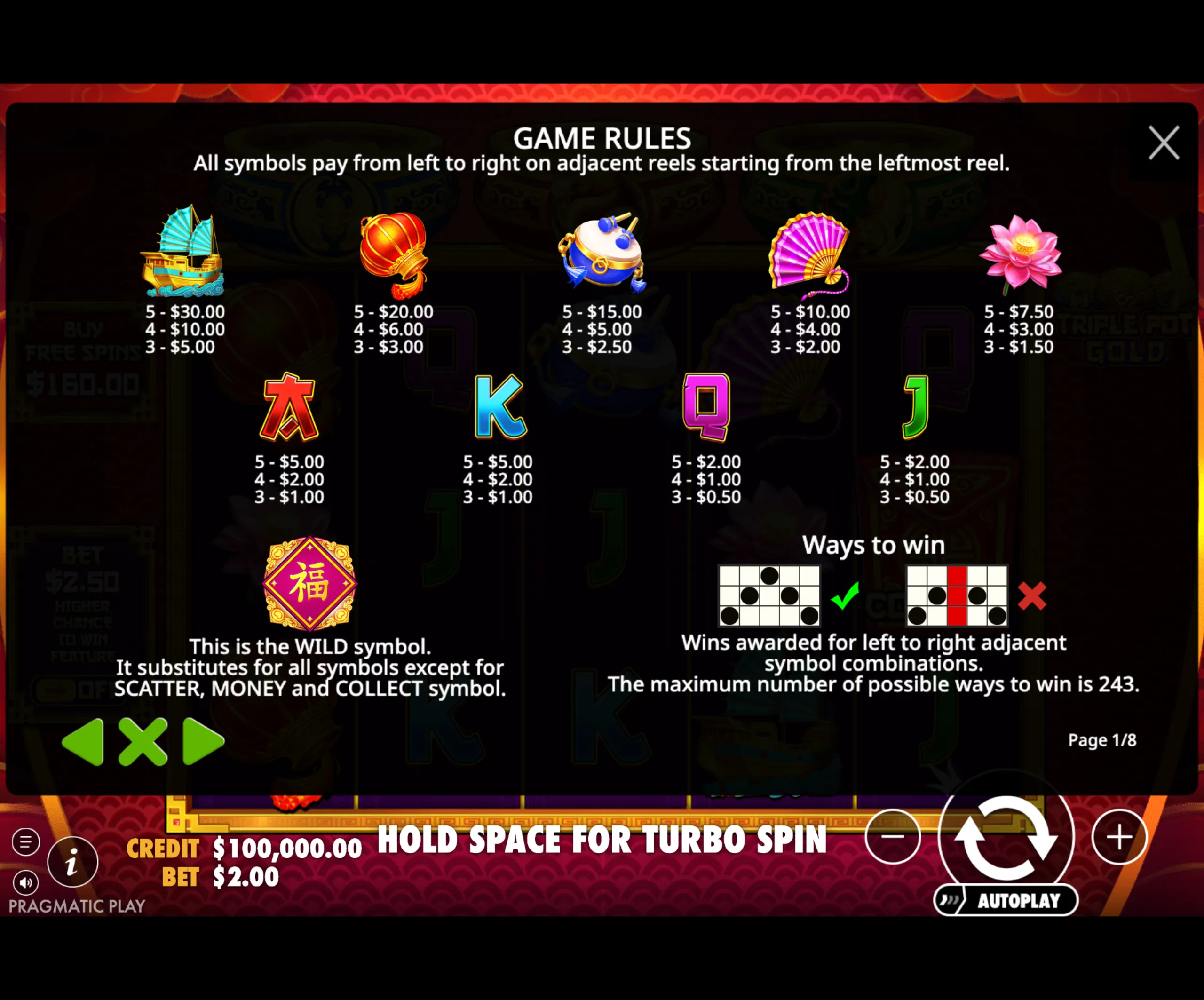 Triple Pot Gold slot game paytable and rules screen showing symbol values, wild symbol explanation, and ways to win details.