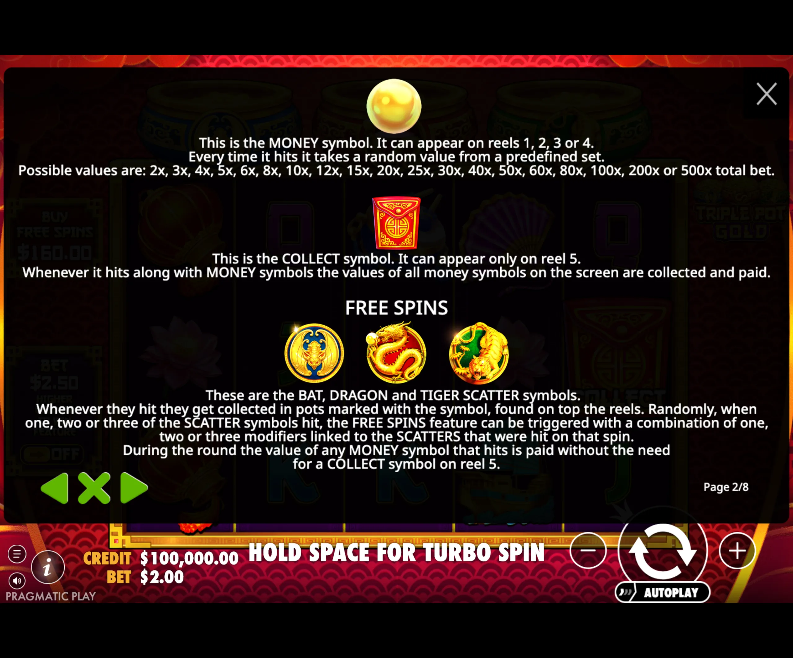 Triple Pot Gold slot game symbols and feature explanation screen showing MONEY and COLLECT symbols with multiplier values and free spins scatter symbols.