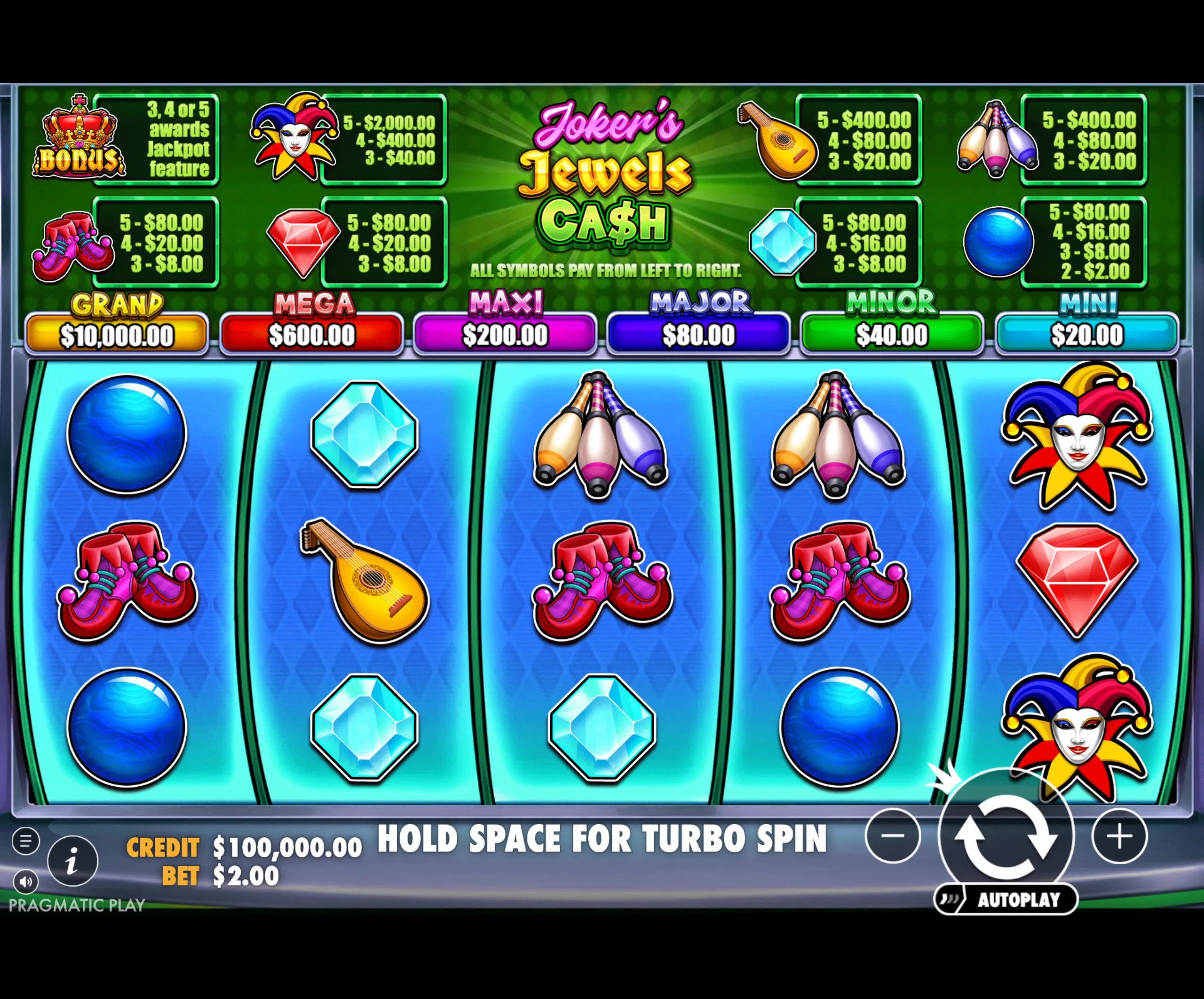 Bright and colorful slot game interface featuring joker, jewels, and musical instrument symbols with detailed payout values and jackpot tiers.