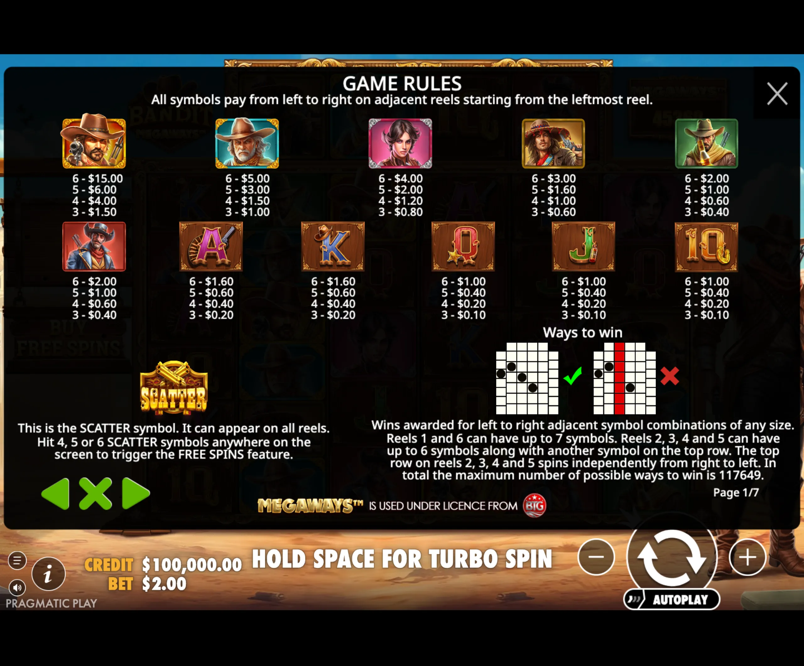 Bandit Megaways slot game paytable showing Wild West bandit characters, card suit symbols, and a scatter symbol triggering free spins