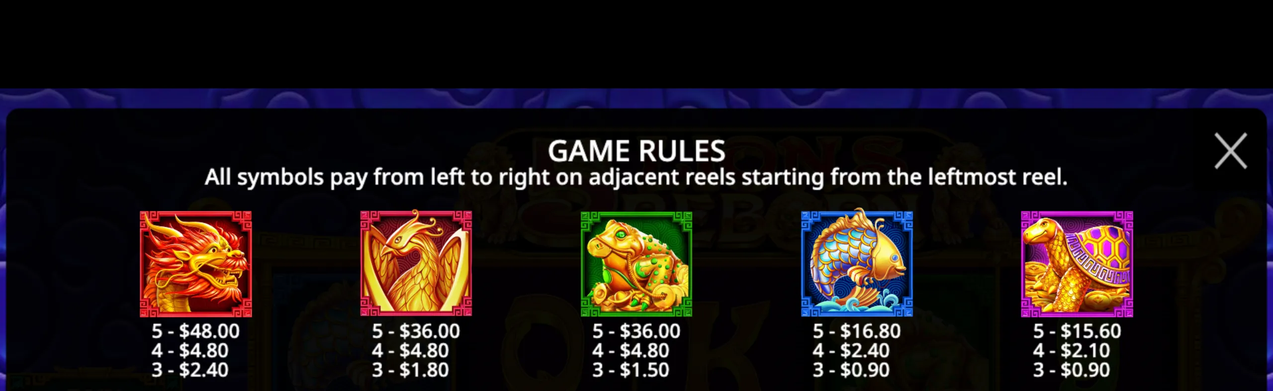 Colorful Asian-themed slot symbols including a dragon, phoenix, frog, fish, and turtle with their respective payout values displayed.