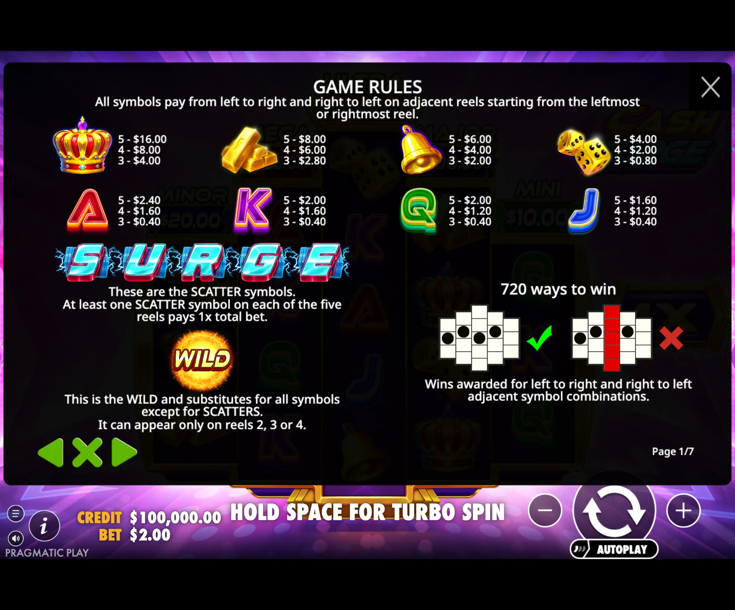 Cash Surge slot game rules display with symbol payout values, scatter and wild symbol explanations, and winning ways illustration.