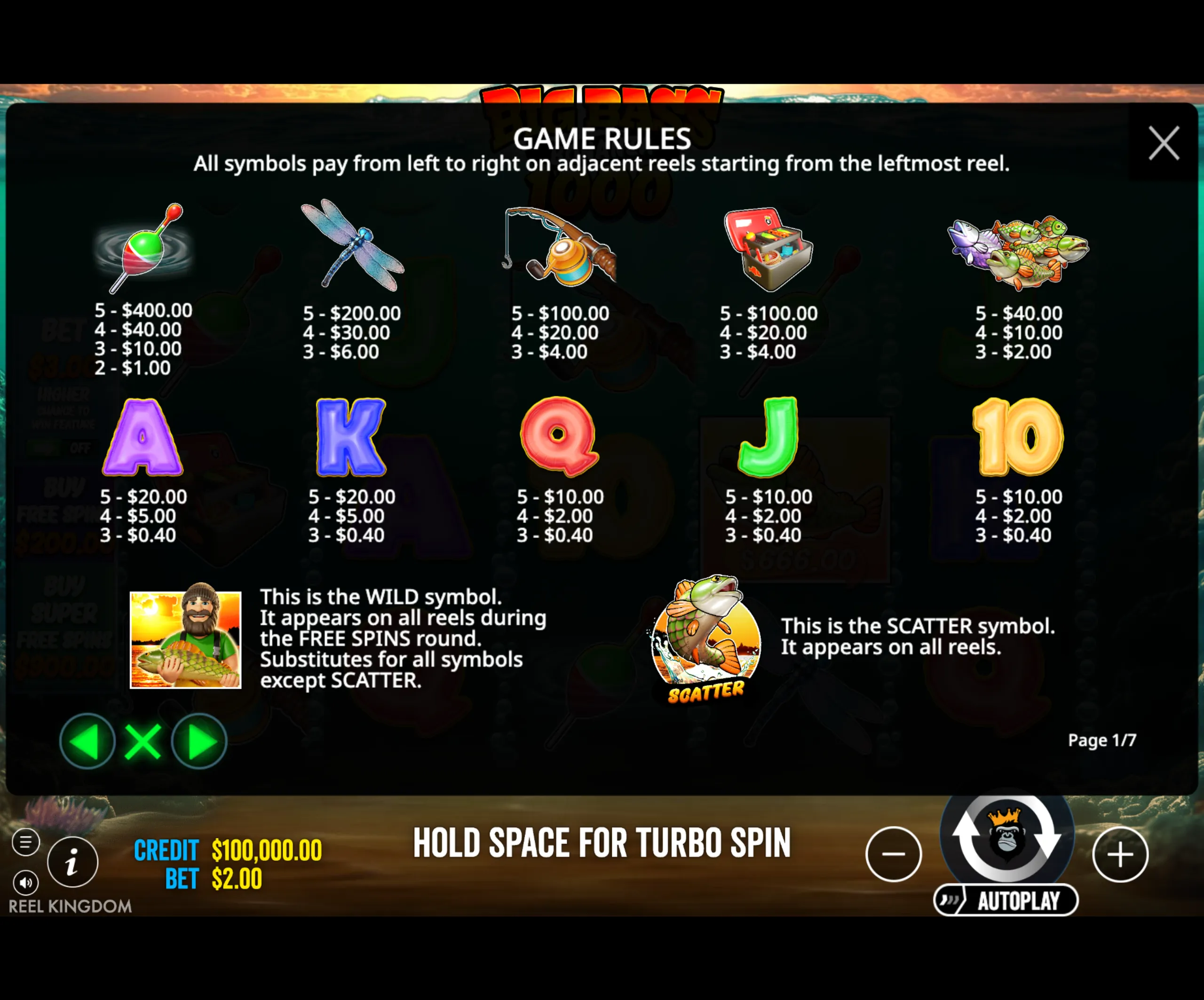 Big Bass Bonanza 1000 slot game paytable showing fishing-themed symbols, payout values, and explanations of wild and scatter symbols.