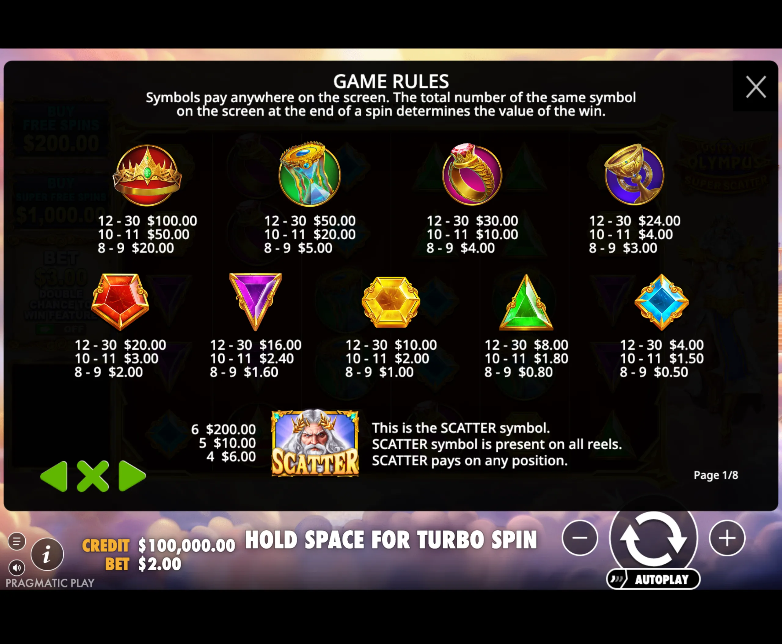 Game rules and payout values for various symbols in Gates of Olympus Super Scatter slot, including crown, hourglass, ring, chalice, and gem symbols with corresponding cash prizes.