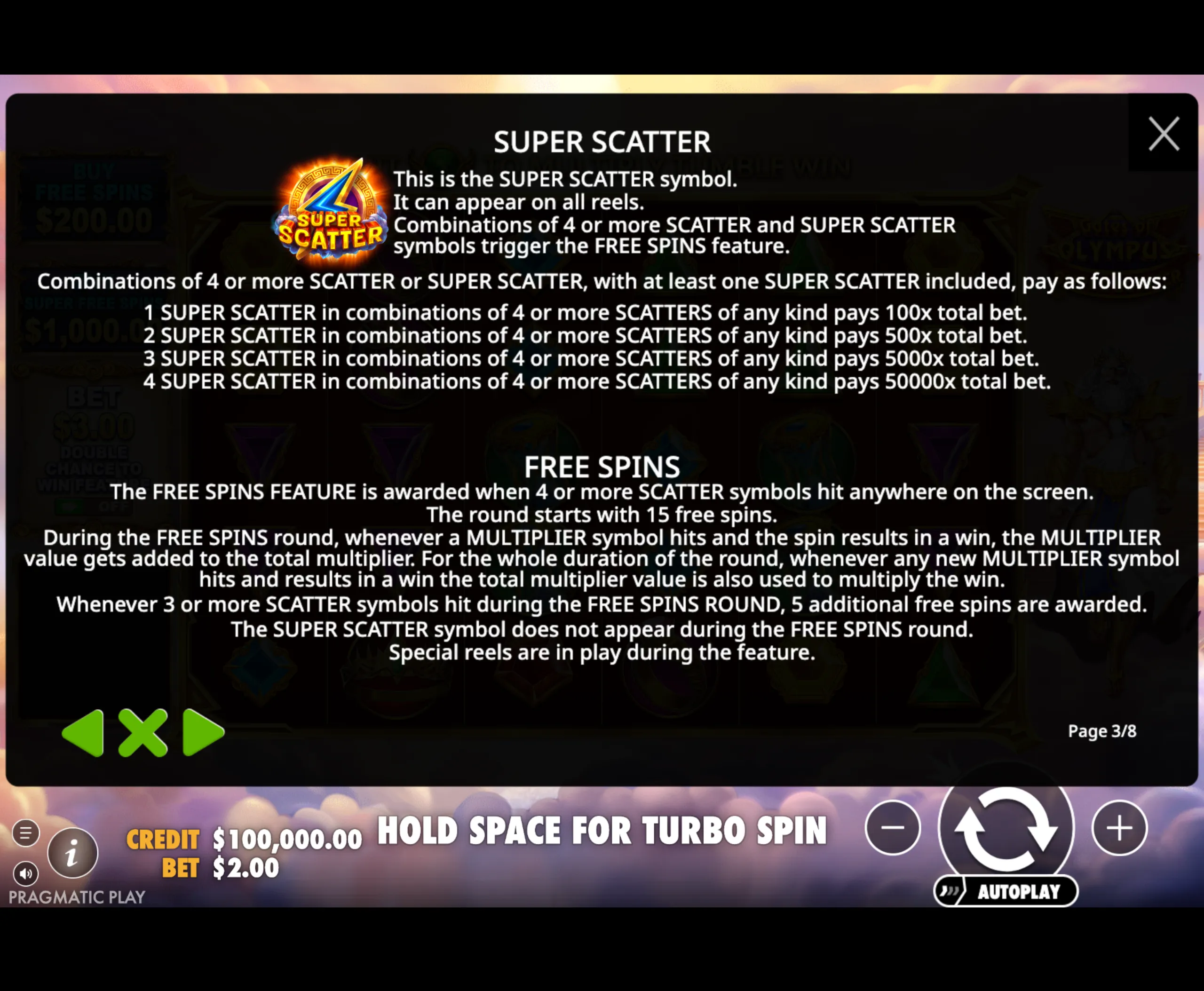 Detailed game rules for Gates of Olympus Super Scatter slot explaining the SUPER SCATTER symbol, payouts, and FREE SPINS feature mechanics.