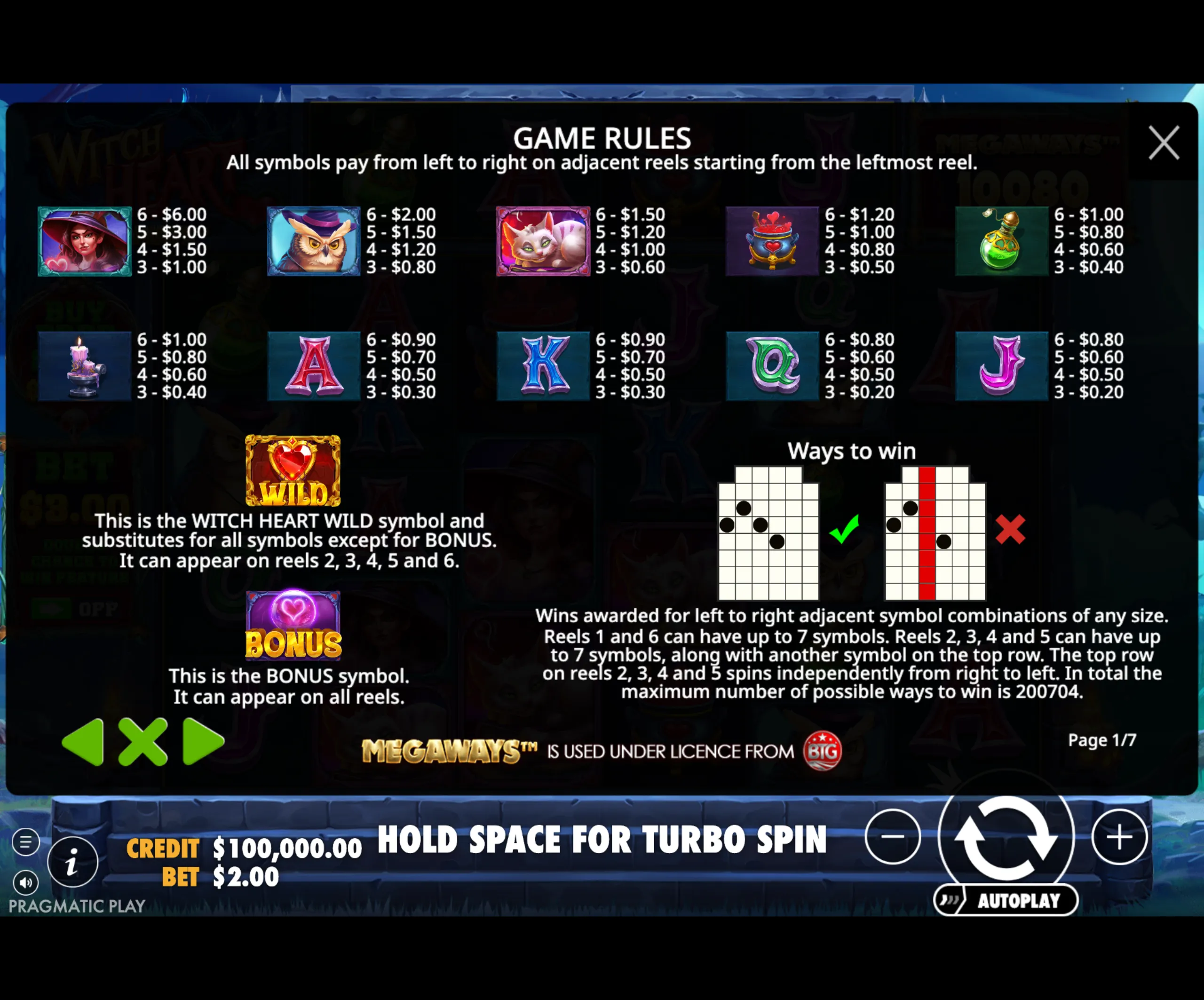 Game rules screen for Witch Heart Megaways slot showing symbol payouts, wild and bonus symbols, and ways to win diagrams.