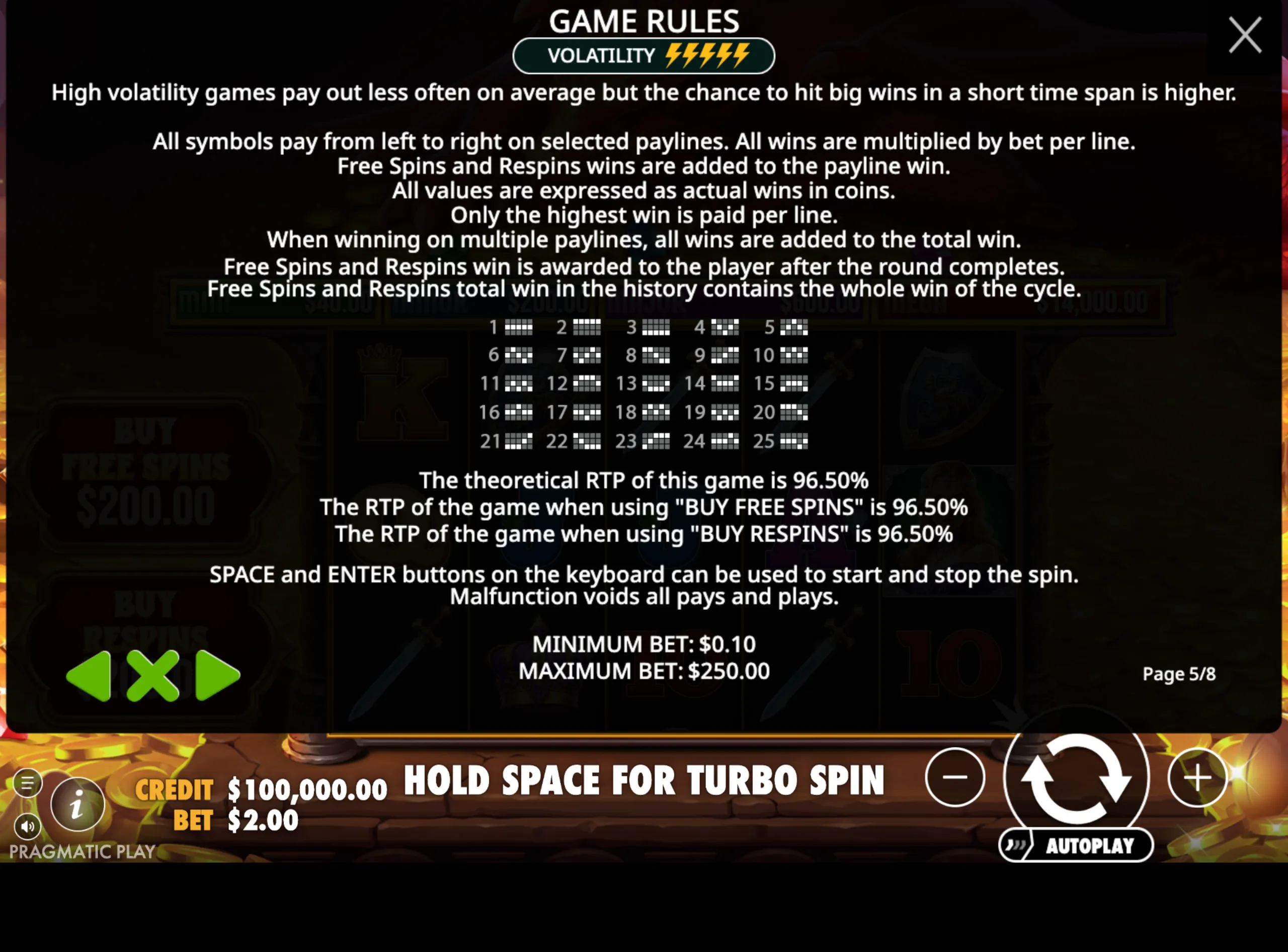Game rules screen of Sleeping Dragon slot detailing high volatility, paylines, RTP, and betting range.